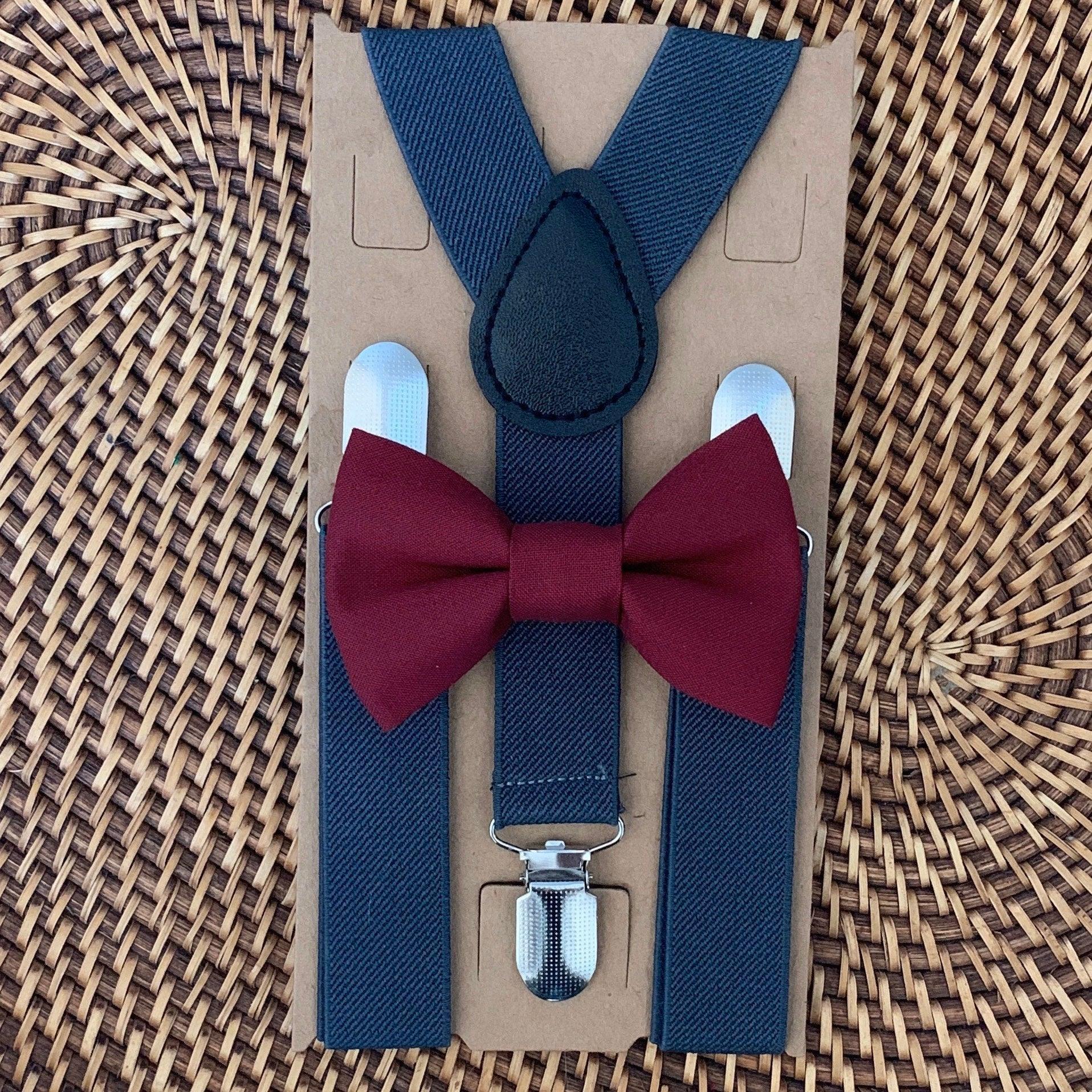 Burgundy bow tie and dark gray suspenders for men, toddlers and kids handmade in the USA and pre-tied, for wedding, groomsmen and ring bearer.