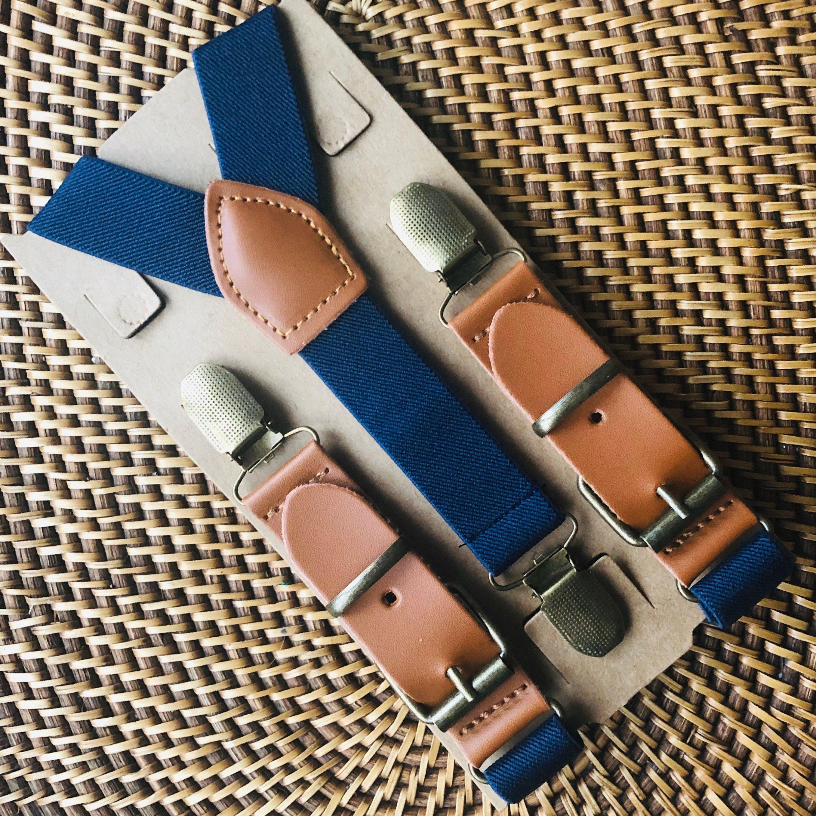 Navy Suspenders with Brass Clips as Buckle Suspenders for weddings, groomsmen and ring bearers.