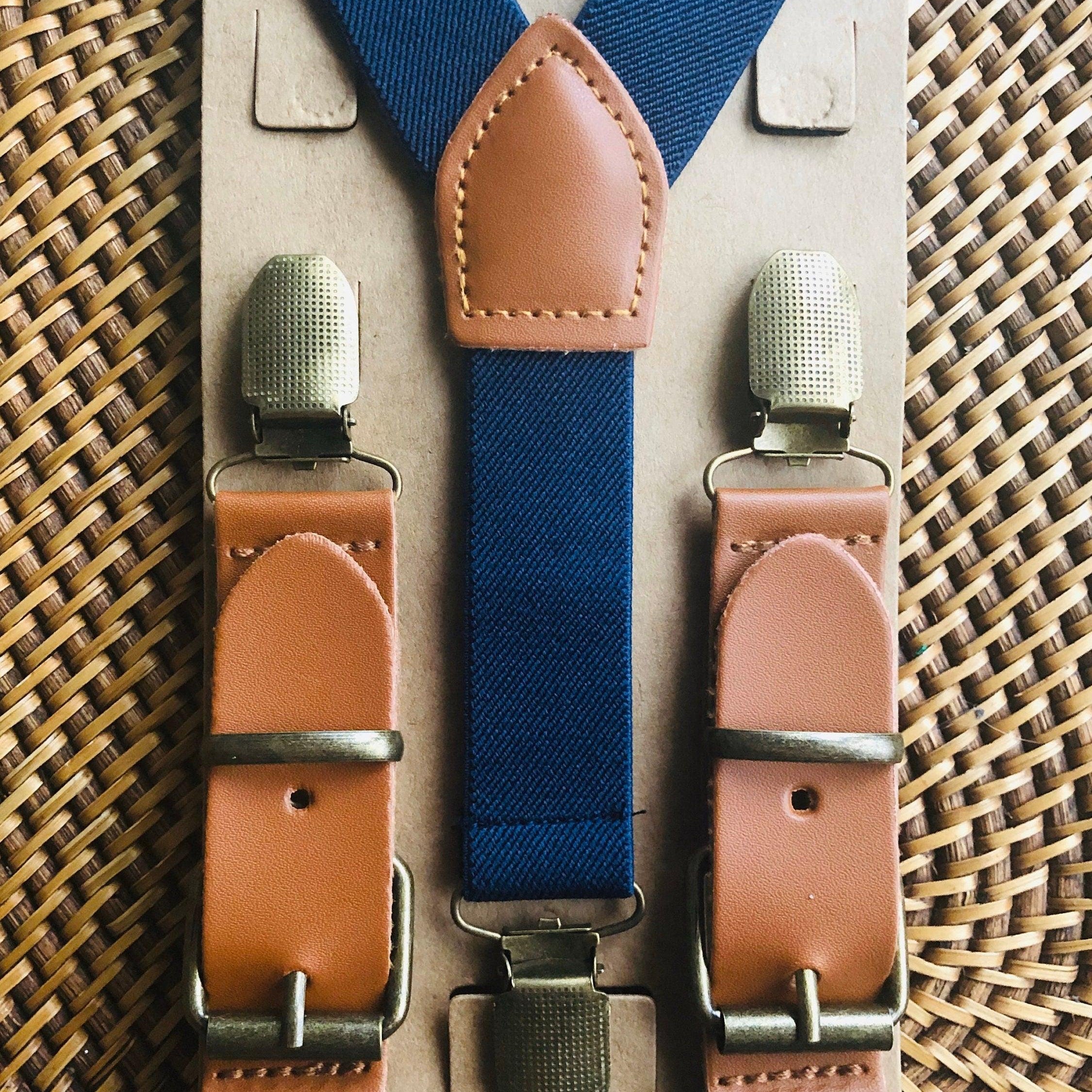 Navy Suspenders with Brass Clips as Buckle Suspenders for weddings, groomsmen and ring bearers.