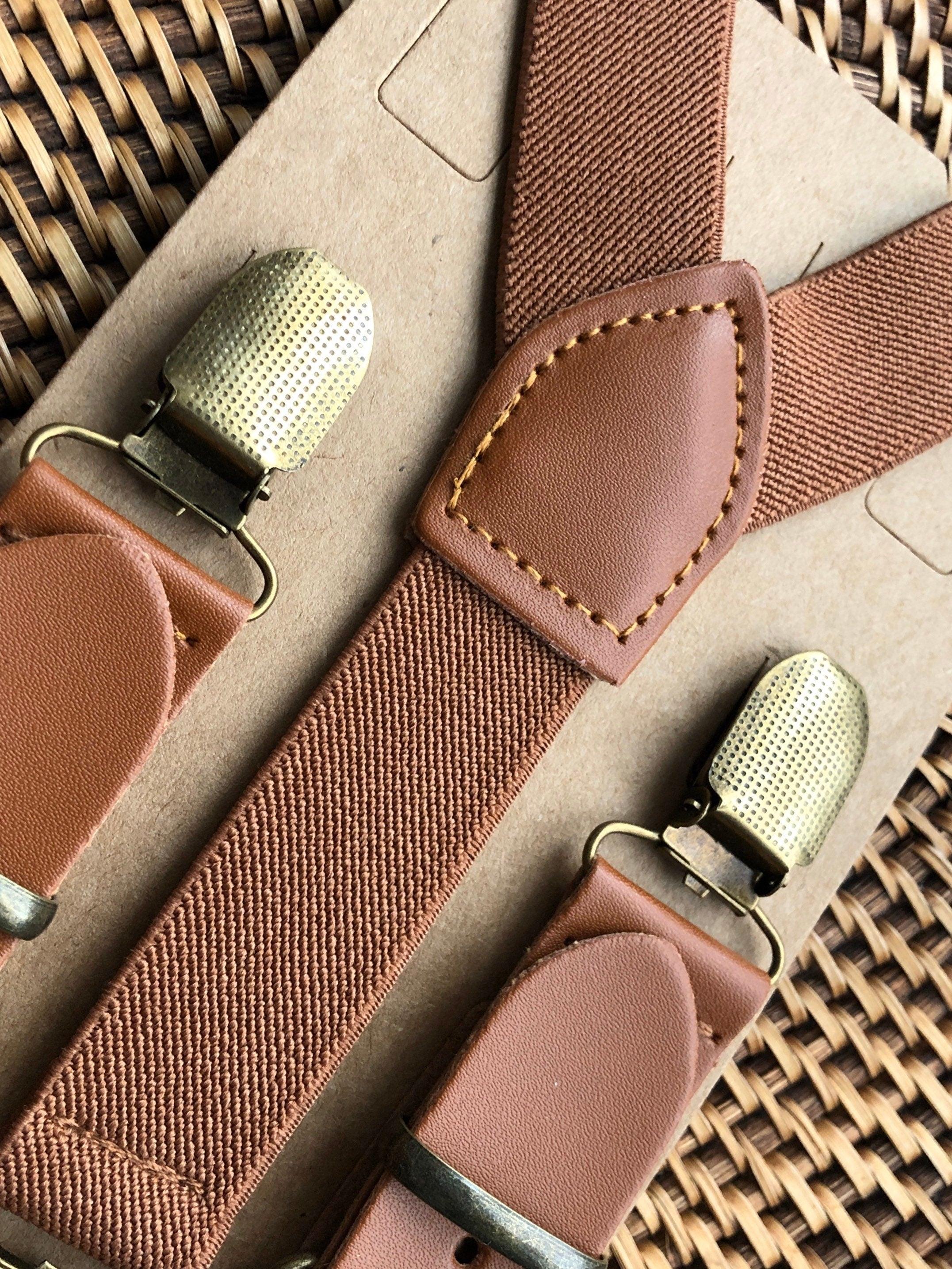 Cognac Vegan Leather Buckle Suspenders for wedding