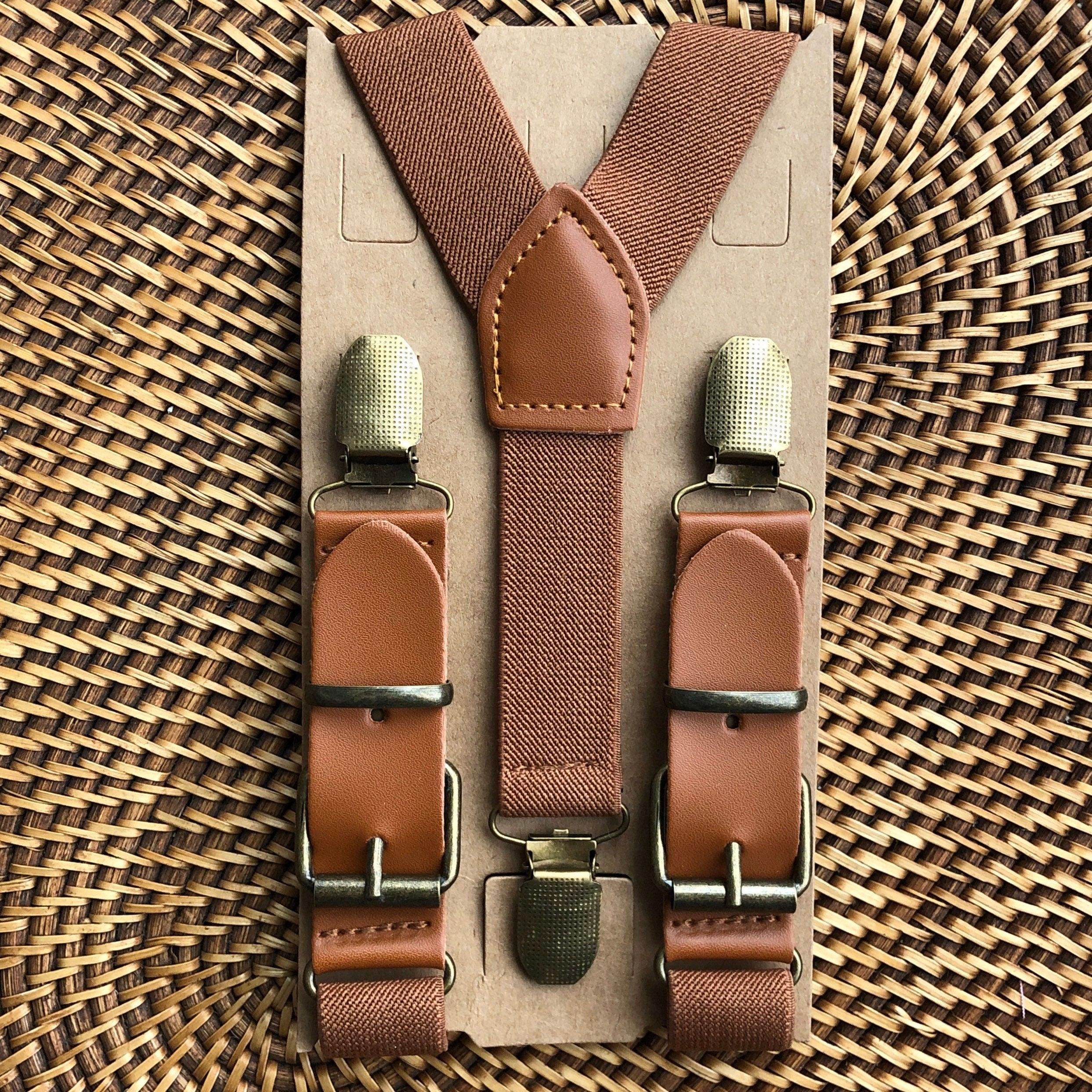Cognac Vegan Leather Buckle Suspenders for wedding