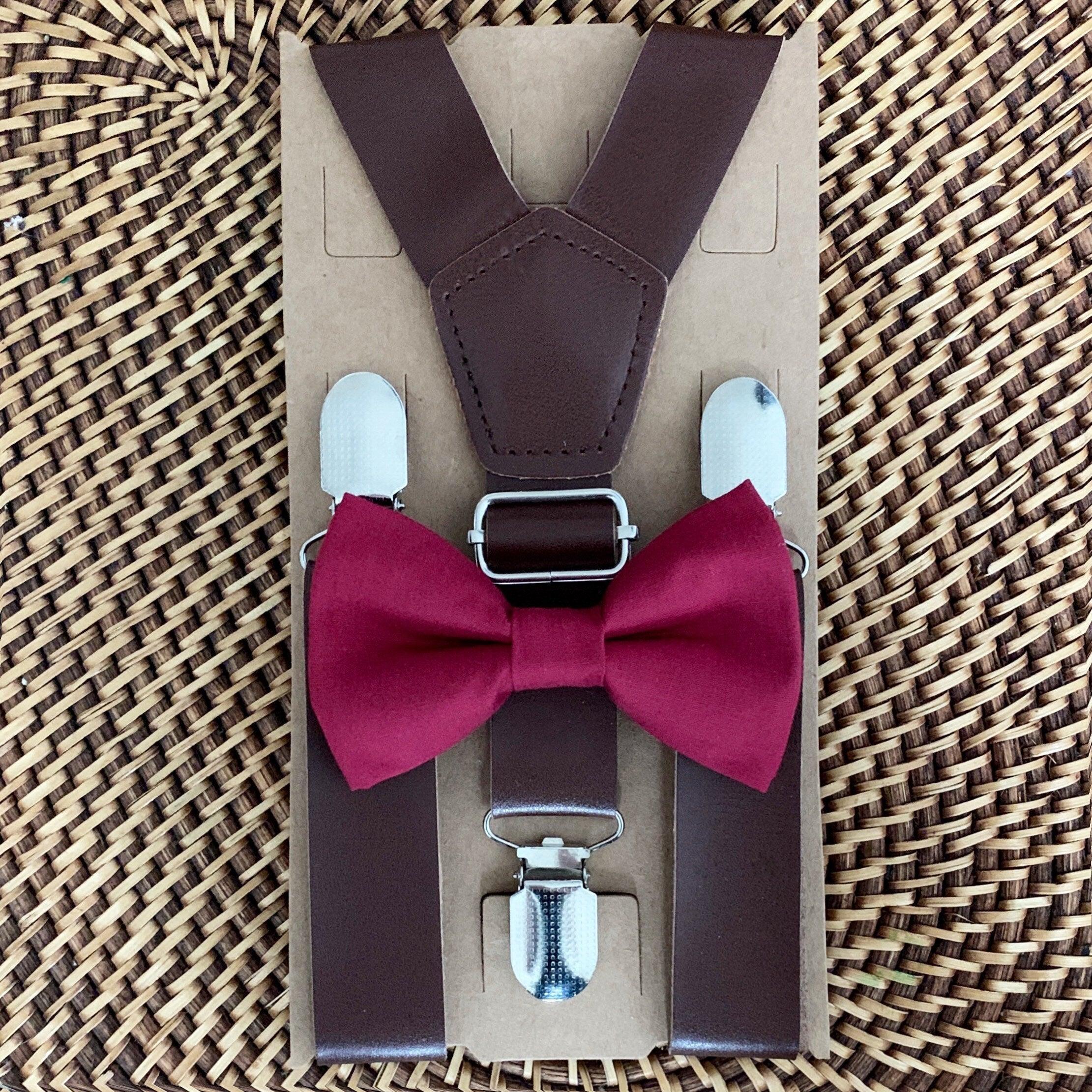 Burgundy bow tie and brown suspenders for men, toddlers and kids handmade in the USA and pre-tied, for wedding, groomsmen and ring bearer.