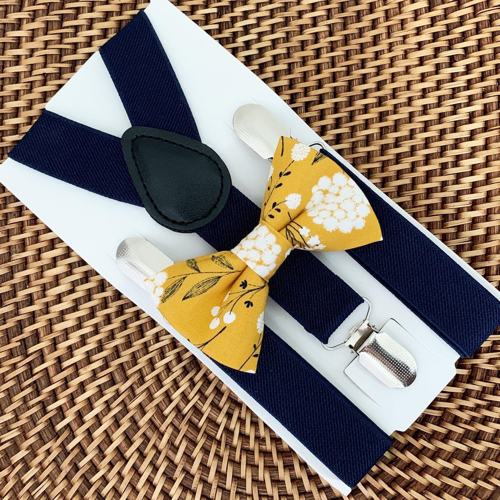 Yellow floral bow tie and navy blue suspenders for men, toddlers and kids handmade in the USA and pre-tied, for wedding, groomsmen and ring bearer.