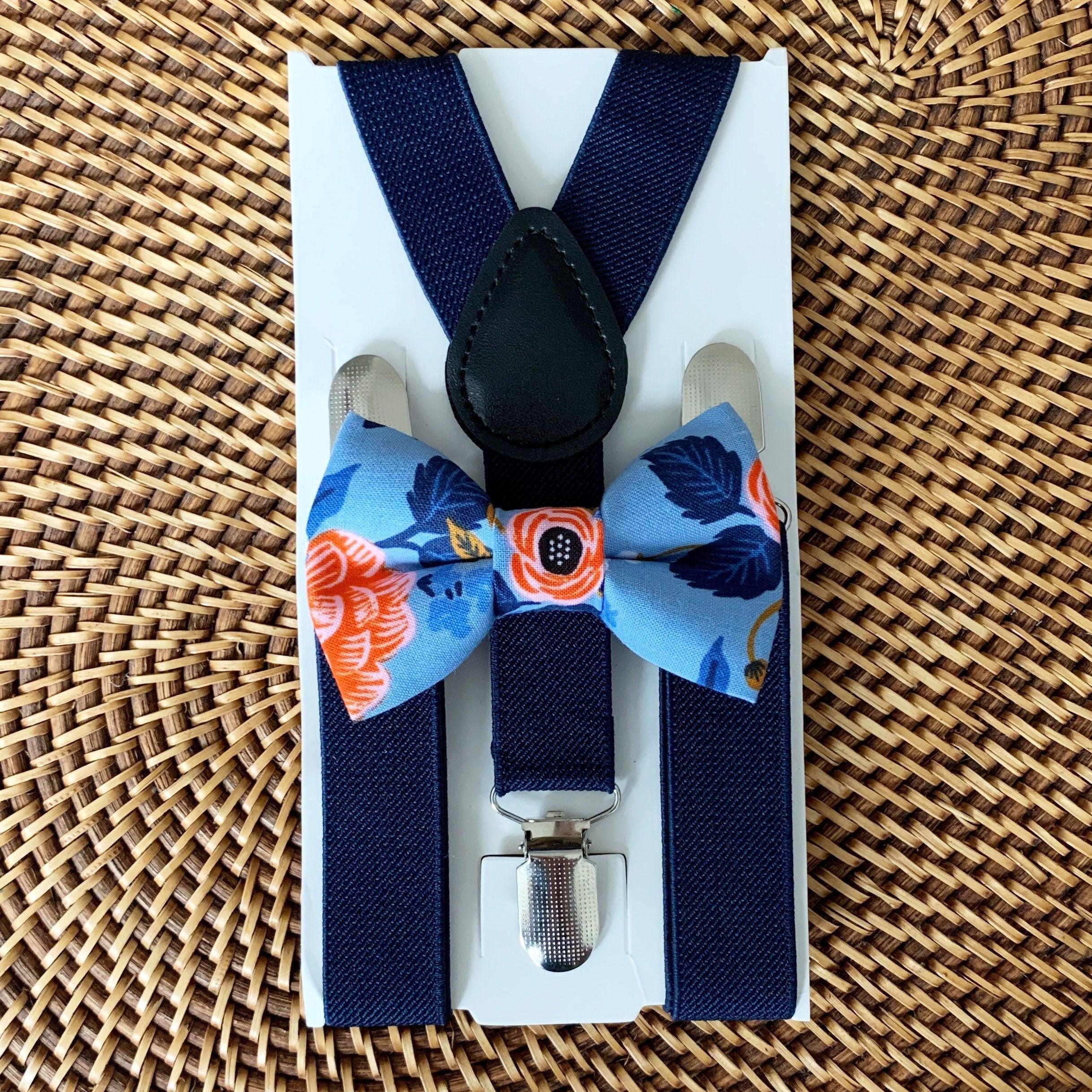 Blue bow tie and suspenders for men boys and toddlers for wedding groomsmen and ring bearers.