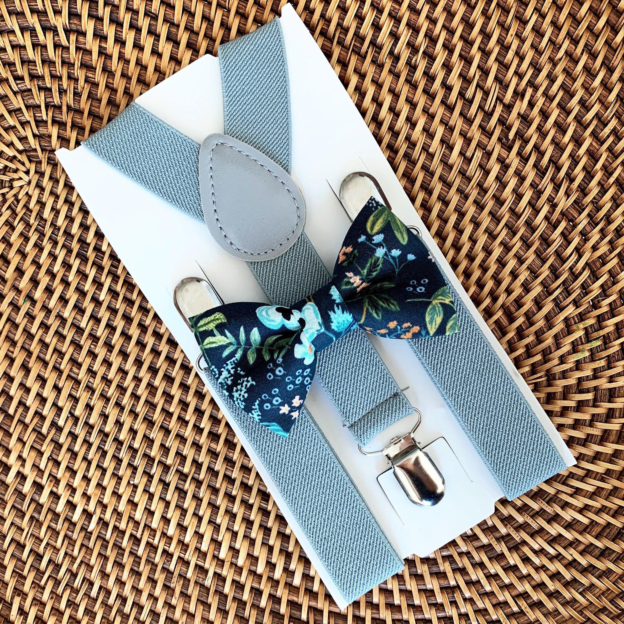 Navy floral bow tie and light gray suspenders for men, toddlers and kids handmade in the USA and pre-tied, for wedding, groomsmen and ring bearer.