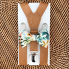 Amalfi by Rifle Paper Co Herb Garden bow tie and vegan brown leather suspenders for groomsmen and ring bearer outfit