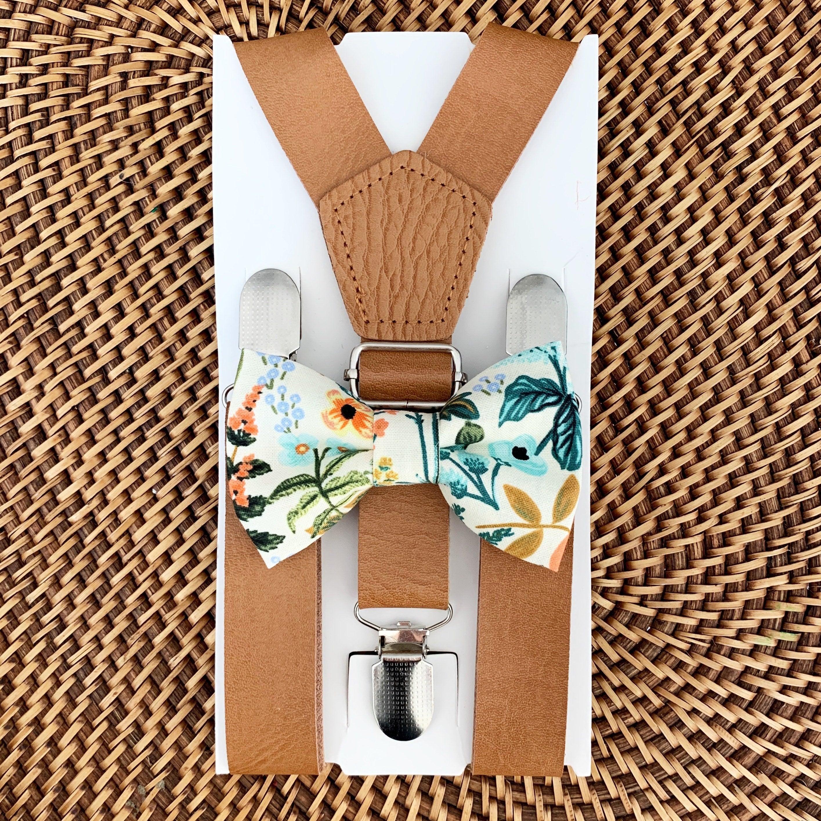 Amalfi by Rifle Paper Co Herb Garden bow tie and vegan brown leather suspenders for groomsmen and ring bearer outfit