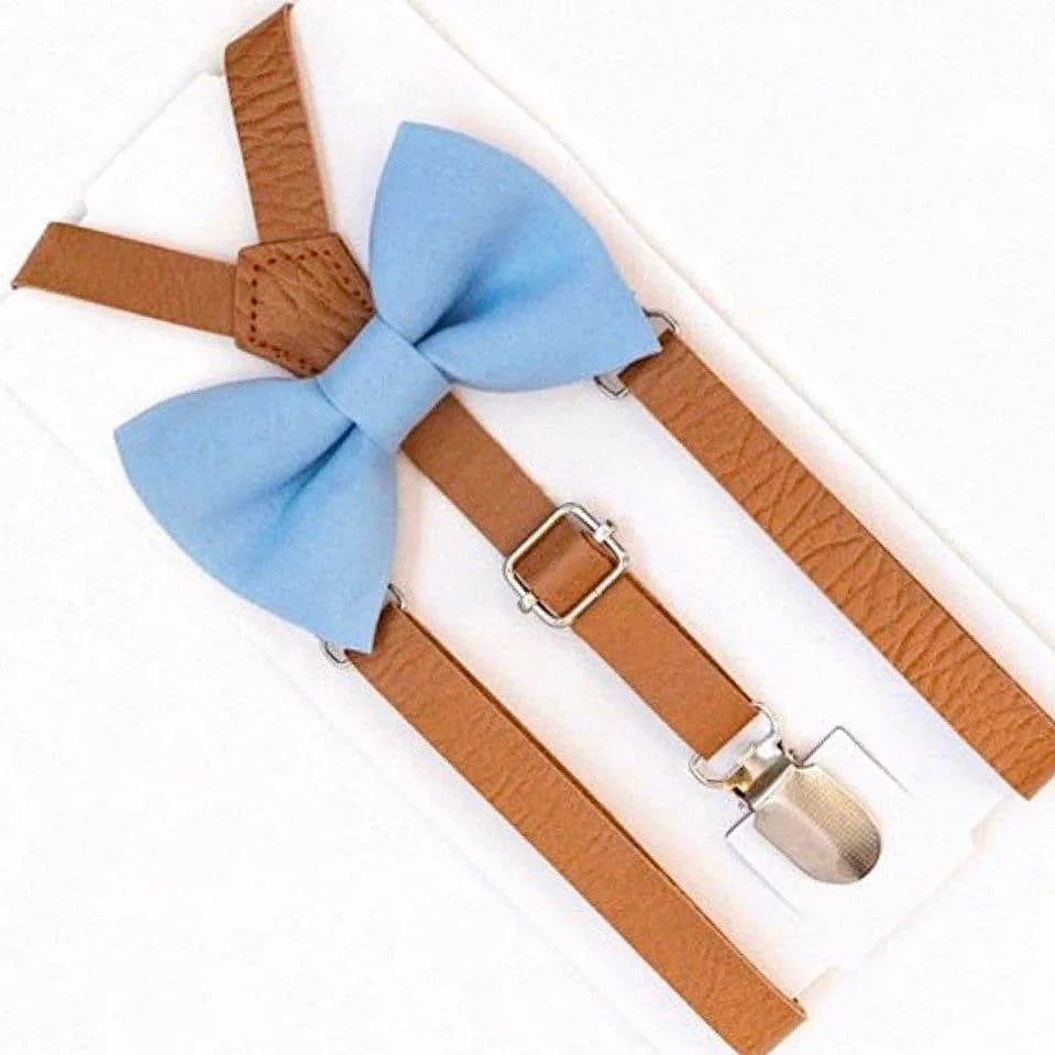 Dusty blue bow tie and brown suspenders for men, toddlers and kids handmade in the USA and pre-tied, for wedding, groomsmen and ring bearer.