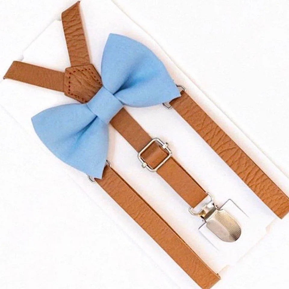 Dusty blue bow tie and brown suspenders for men, toddlers and kids handmade in the USA and pre-tied, for wedding, groomsmen and ring bearer.