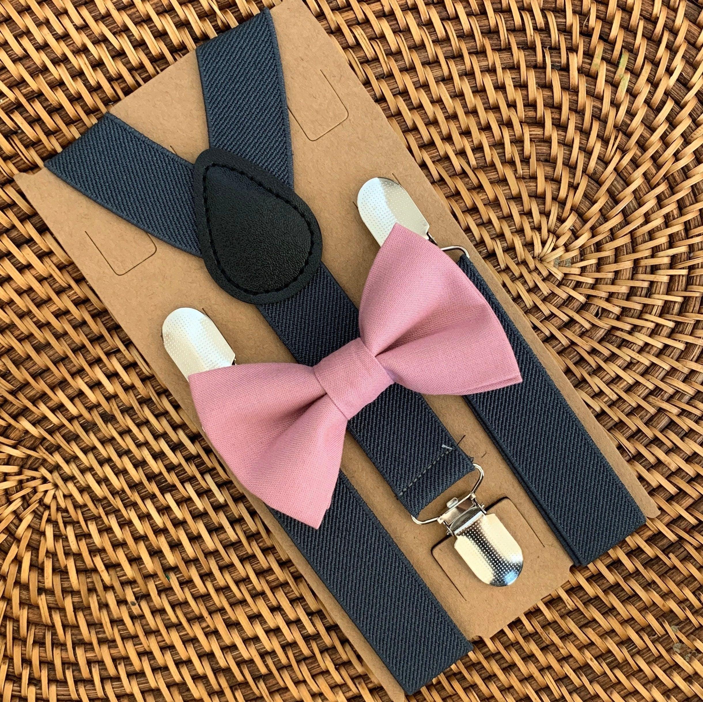 Pink bow tie and dark gray suspenders for men, toddlers and kids handmade in the USA and pre-tied, for wedding, groomsmen and ring bearer.