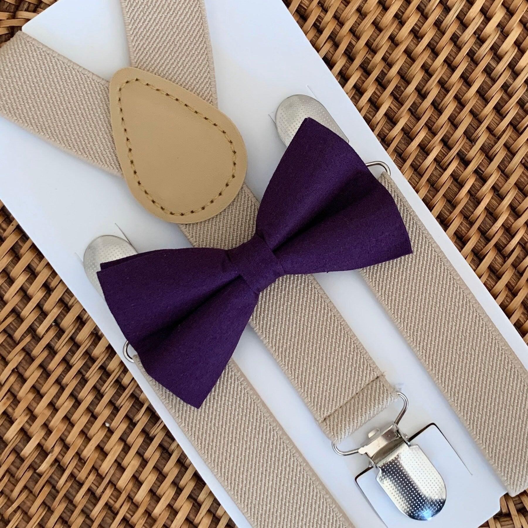 Purple bow tie and khaki suspenders for men, toddlers and kids handmade in the USA and pre-tied, for wedding, groomsmen and ring bearer.