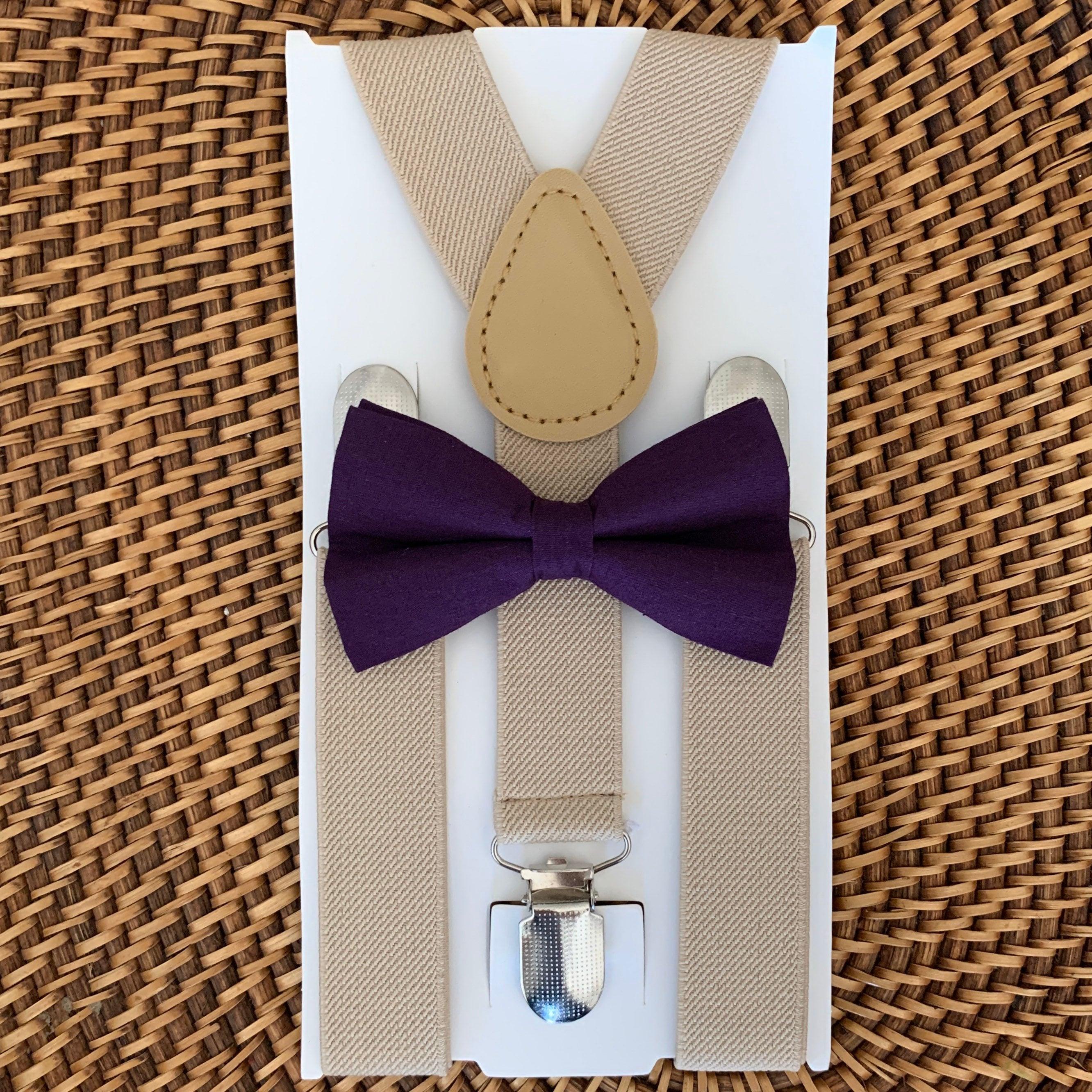 Size chart for suspender and bow tie sets from The Bold Bow Tie. Small (6mo-6yr): 18"-29" suspenders, 3.5" bow. Medium (7-12yr): 25.5"-40" suspenders, 4" bow. Adult (13yr-6ft tall): 25.5"-40" suspenders, 4.5" bow. Big & Tall (Over 6ft tall): 31"-53" suspenders, 4.5" bow. Instructions note to measure from the back waistband over the shoulder to the front waistband for a comfortable fit.
