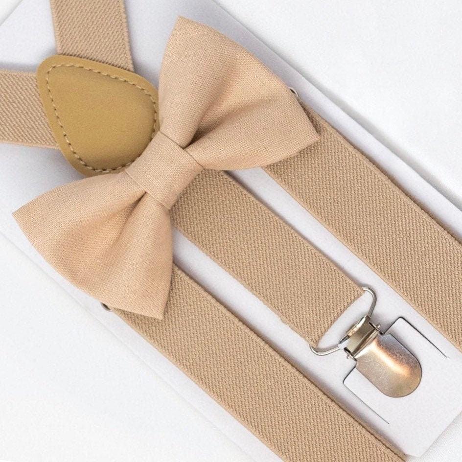 Champagne bow tie and suspenders for men, toddlers and kids handmade in the USA and pre-tied, for wedding, groomsmen and ring bearer.