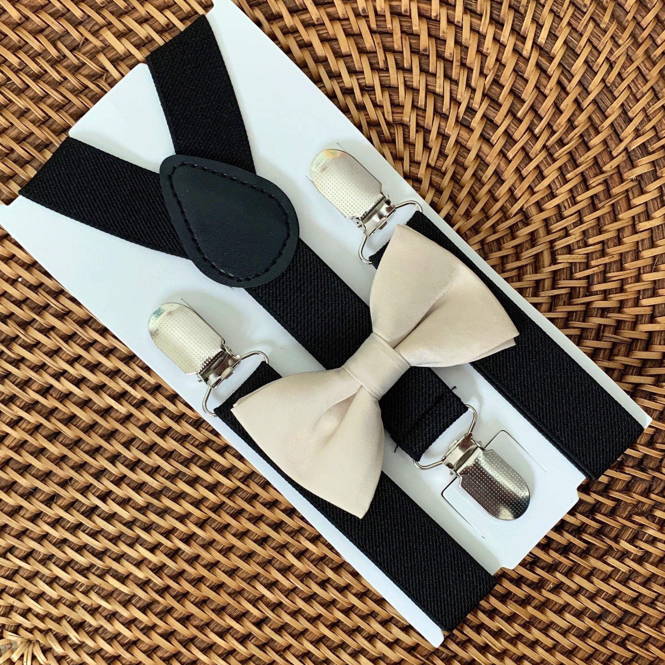 Champagne Bow Tie & Black Suspenders Set for groomsmen, weddings and ring bearer suspenders.