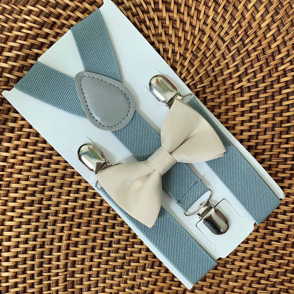 champagne colored bow tie and suspenders