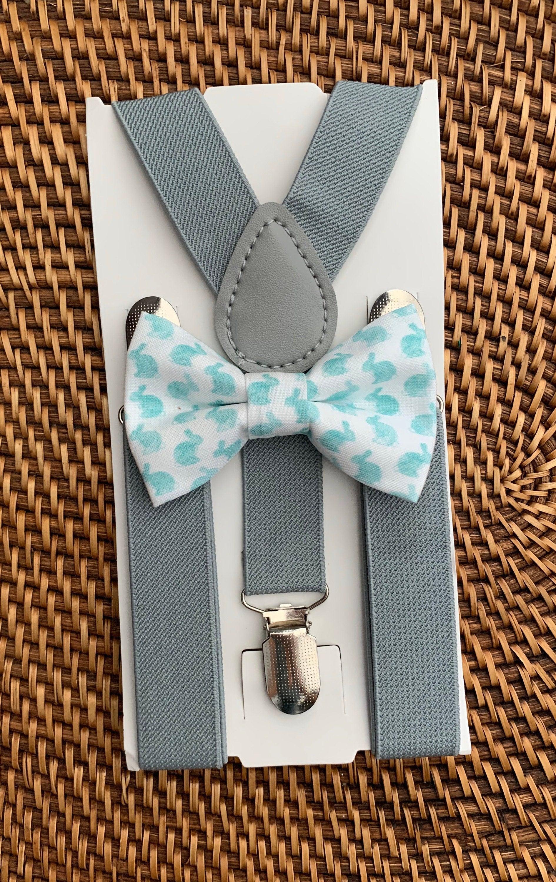Blue watercolor Easter bunny bow tie with light grey suspenders on a white card