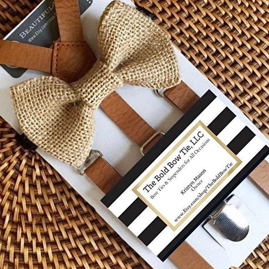 A country chic burlap bow tie and rustic tan suspenders for men and boys to wear to a cowboy wedding.