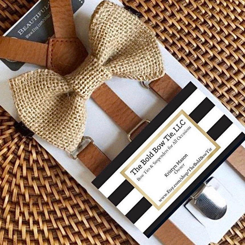 A country chic burlap bow tie and rustic tan suspenders for men and boys to wear to a cowboy wedding.