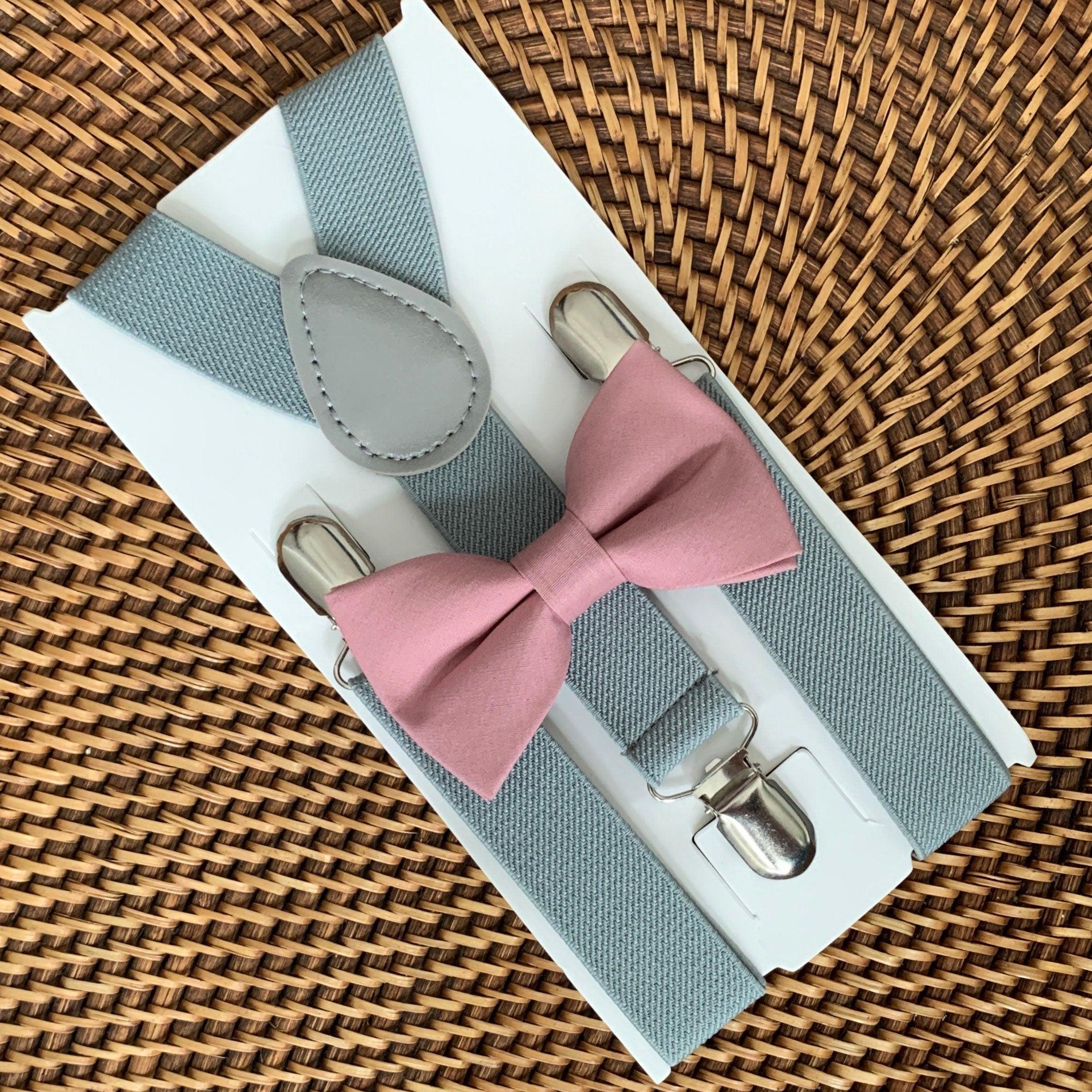 Dusty rose bow tie and gray suspenders for men, toddlers and kids handmade in the USA and pre-tied, for wedding, groomsmen and ring bearer.