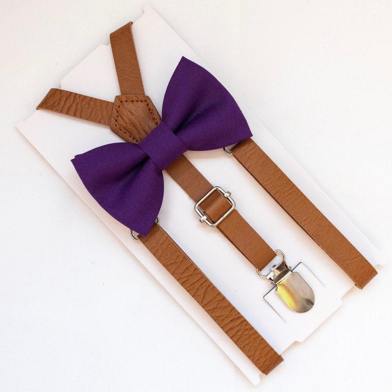 Purple bow tie and brown suspenders for men, toddlers and kids handmade in the USA and pre-tied, for wedding, groomsmen and ring bearer.