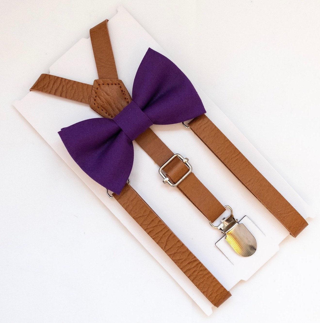 Purple bow tie and brown suspenders for men, toddlers and kids handmade in the USA and pre-tied, for wedding, groomsmen and ring bearer.