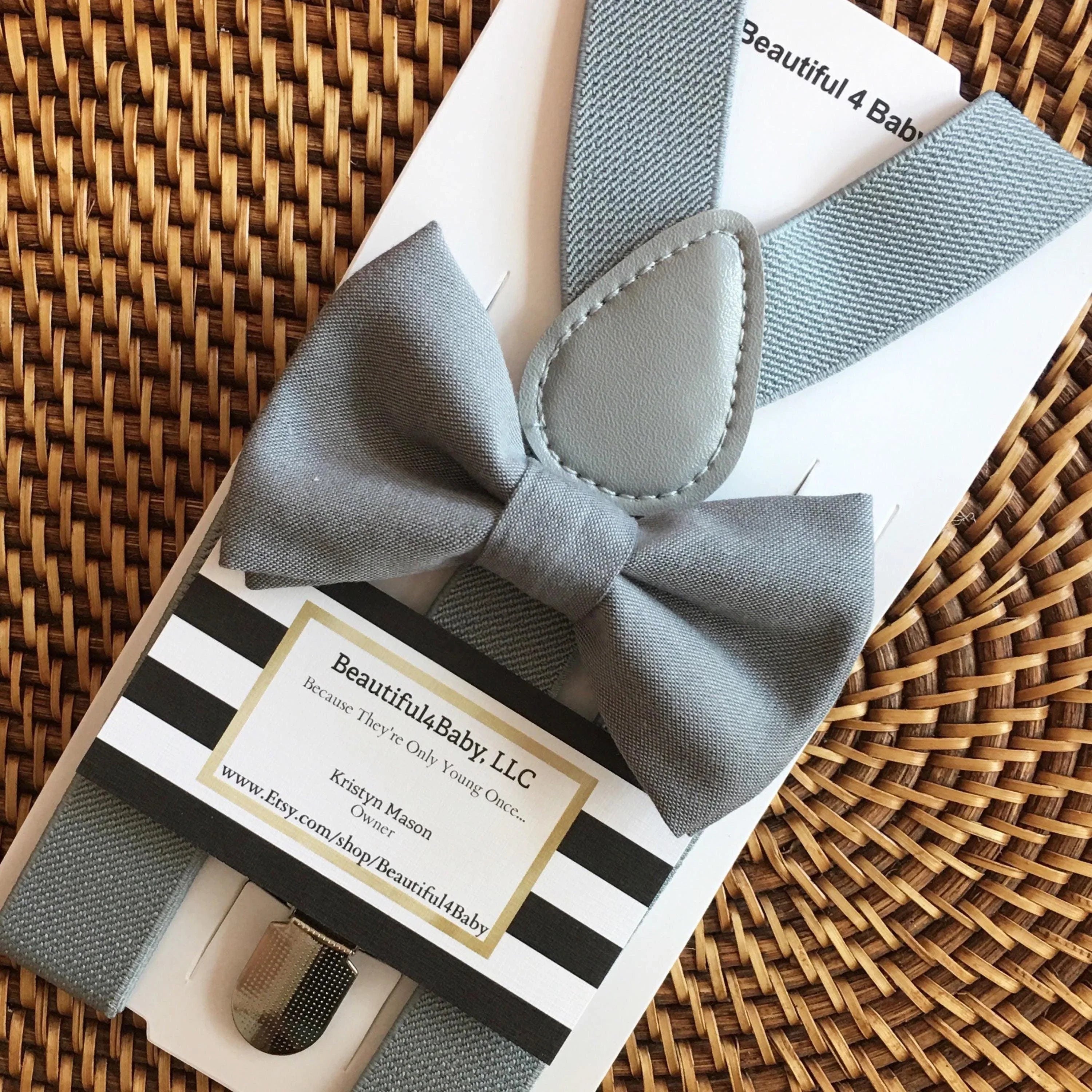 Gray bow tie and gray suspenders for men, toddlers and kids handmade in the USA and pre-tied, for wedding, groomsmen and ring bearer.