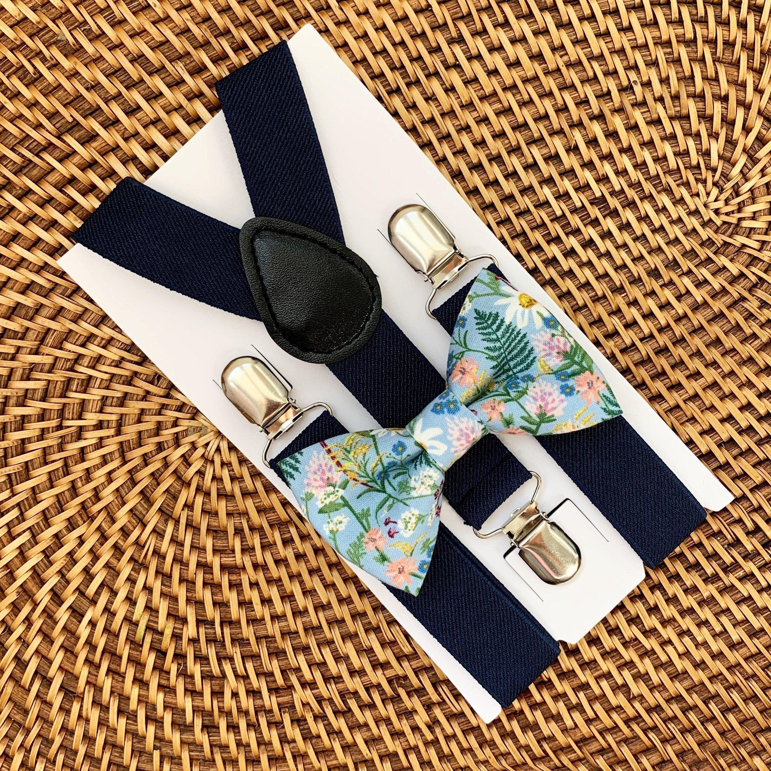 Dusty blue floral bow tie and navy blue suspenders for men, toddlers and kids handmade in the USA and pre-tied, for wedding, groomsmen and ring bearer.