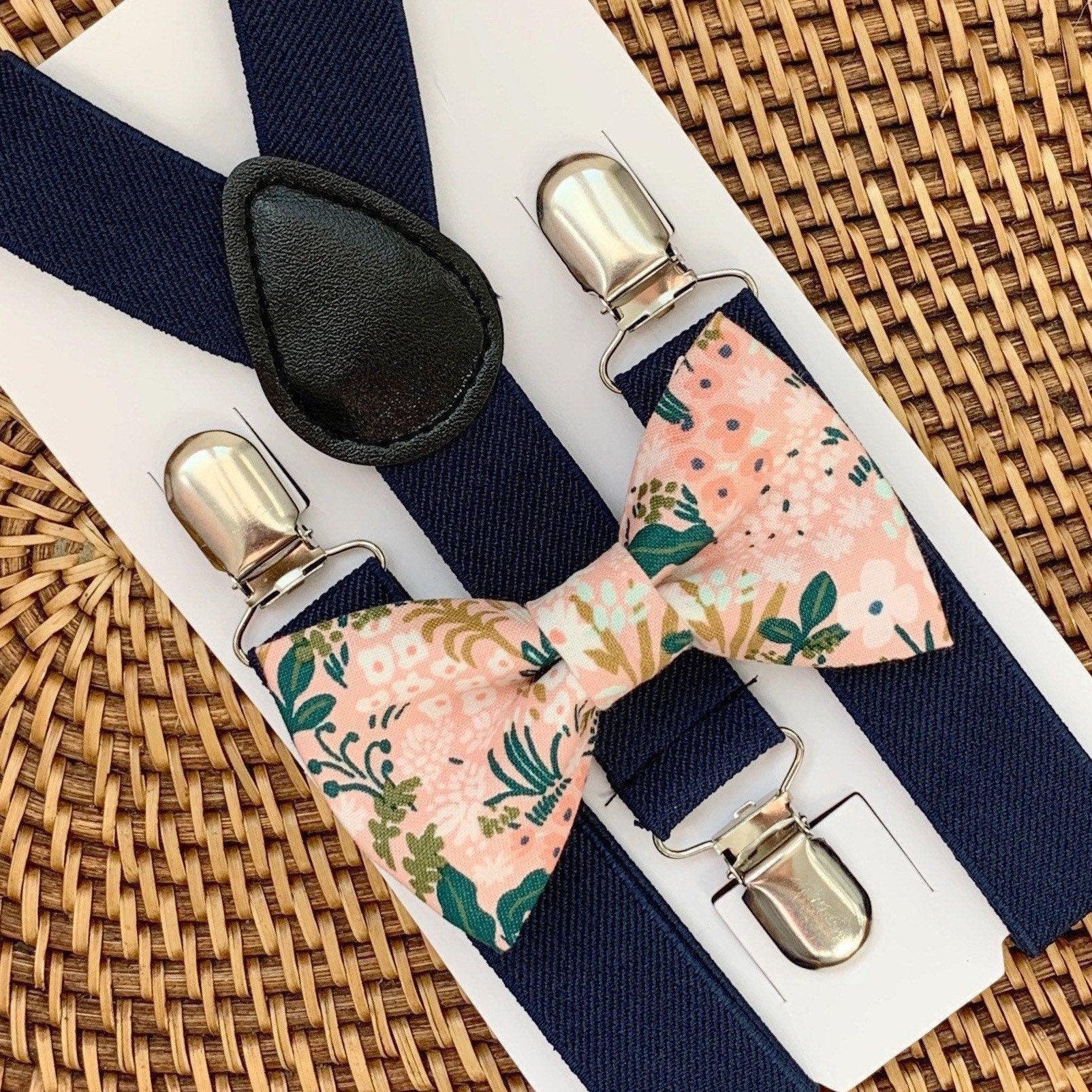 Pink floral bow tie and navy suspenders for men, toddlers and kids handmade in the USA and pre-tied, for wedding, groomsmen and ring bearer.