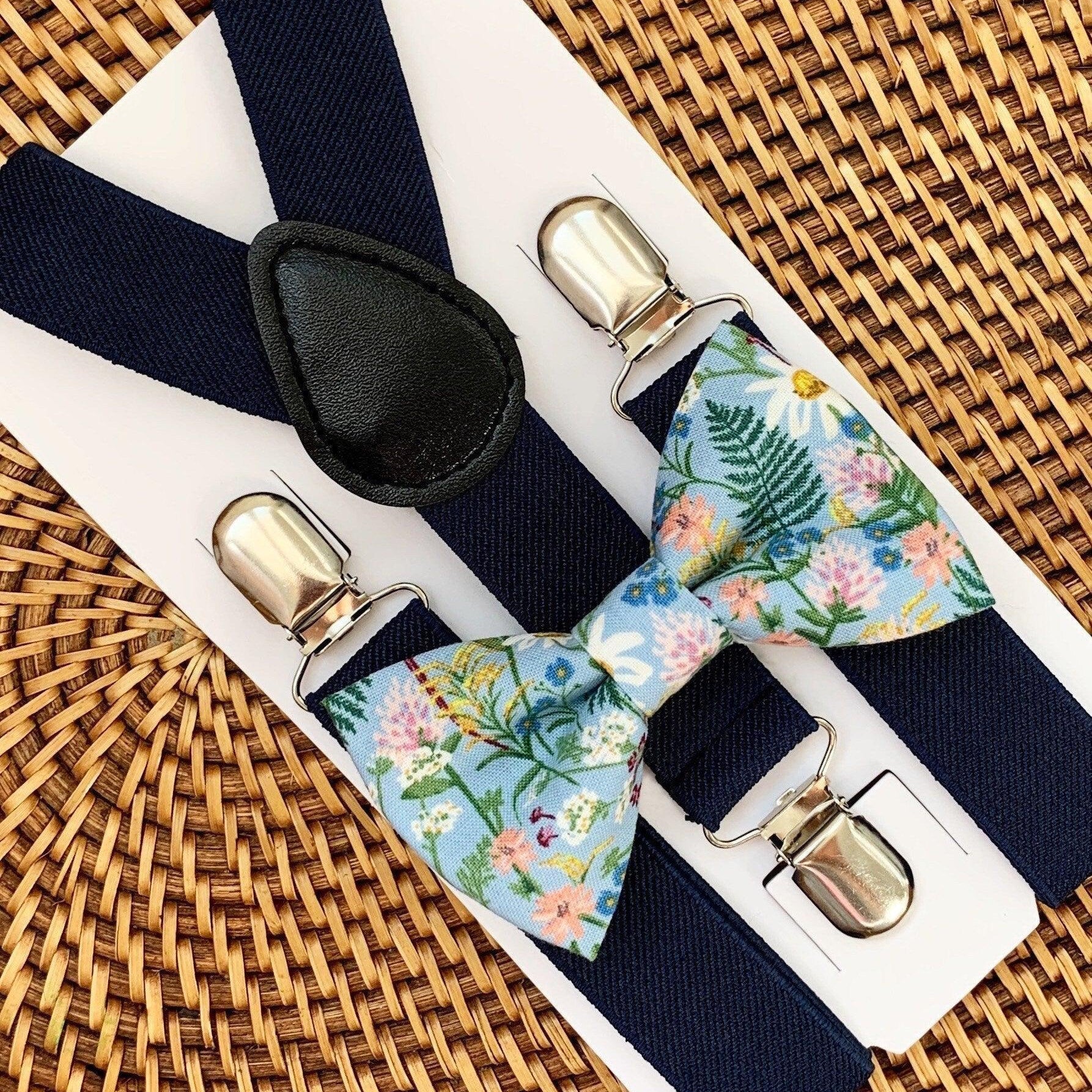Wildflower bow tie and navy suspenders for men, toddlers and kids handmade in the USA and pre-tied, for wedding, groomsmen and ring bearer.