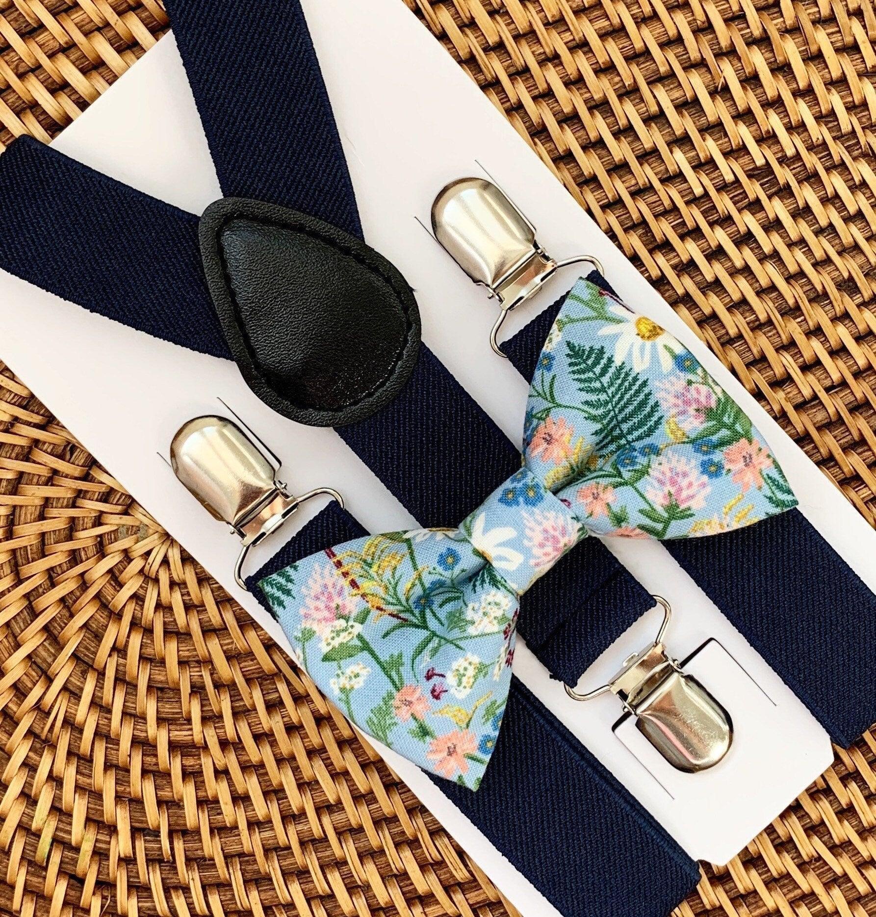 Wildflower bow tie and navy suspenders for men, toddlers and kids handmade in the USA and pre-tied, for wedding, groomsmen and ring bearer.