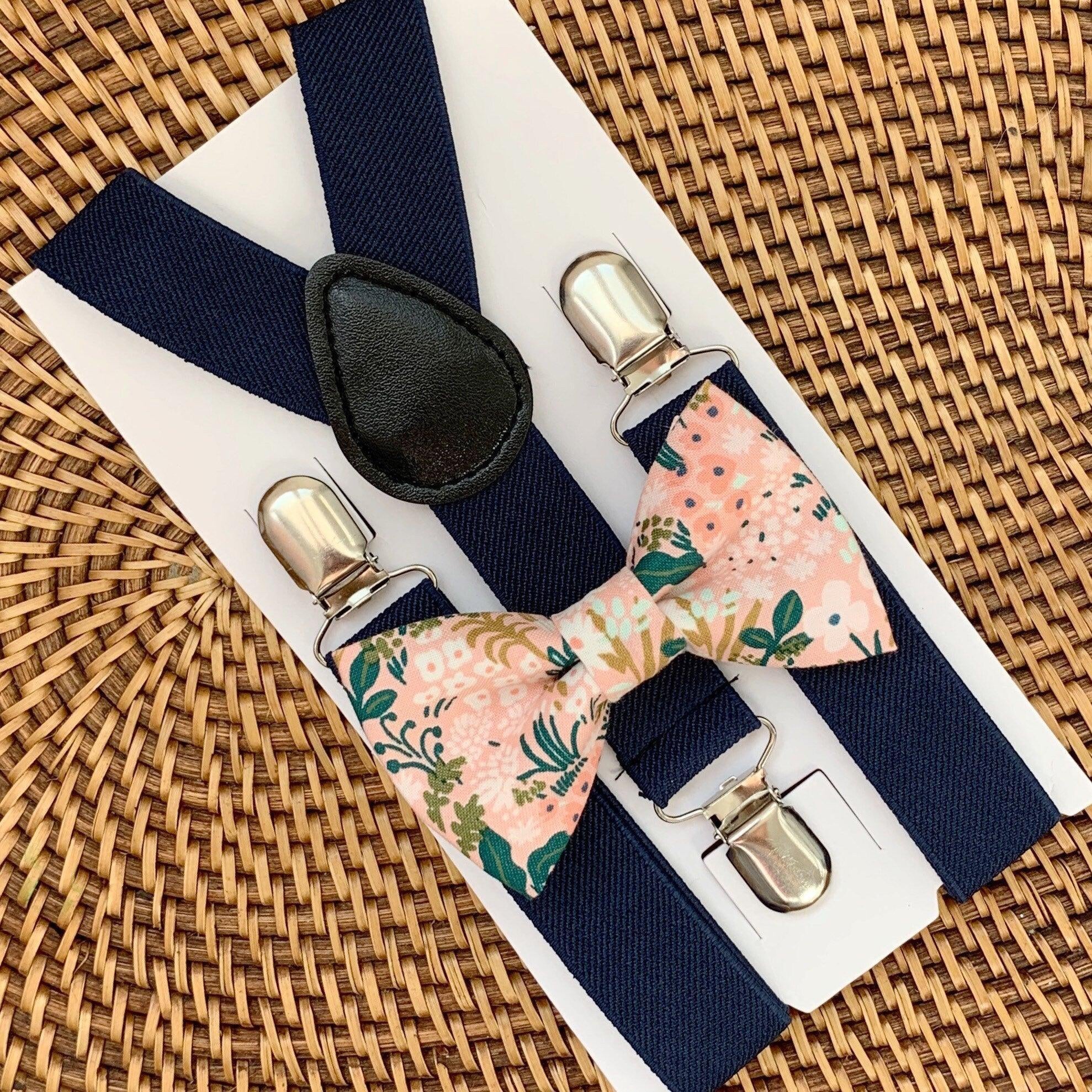 Navy blue suspenders and pink floral bowtie for men, toddlers and kids handmade in the USA and pre-tied, for wedding, groomsmen and ring bearer.