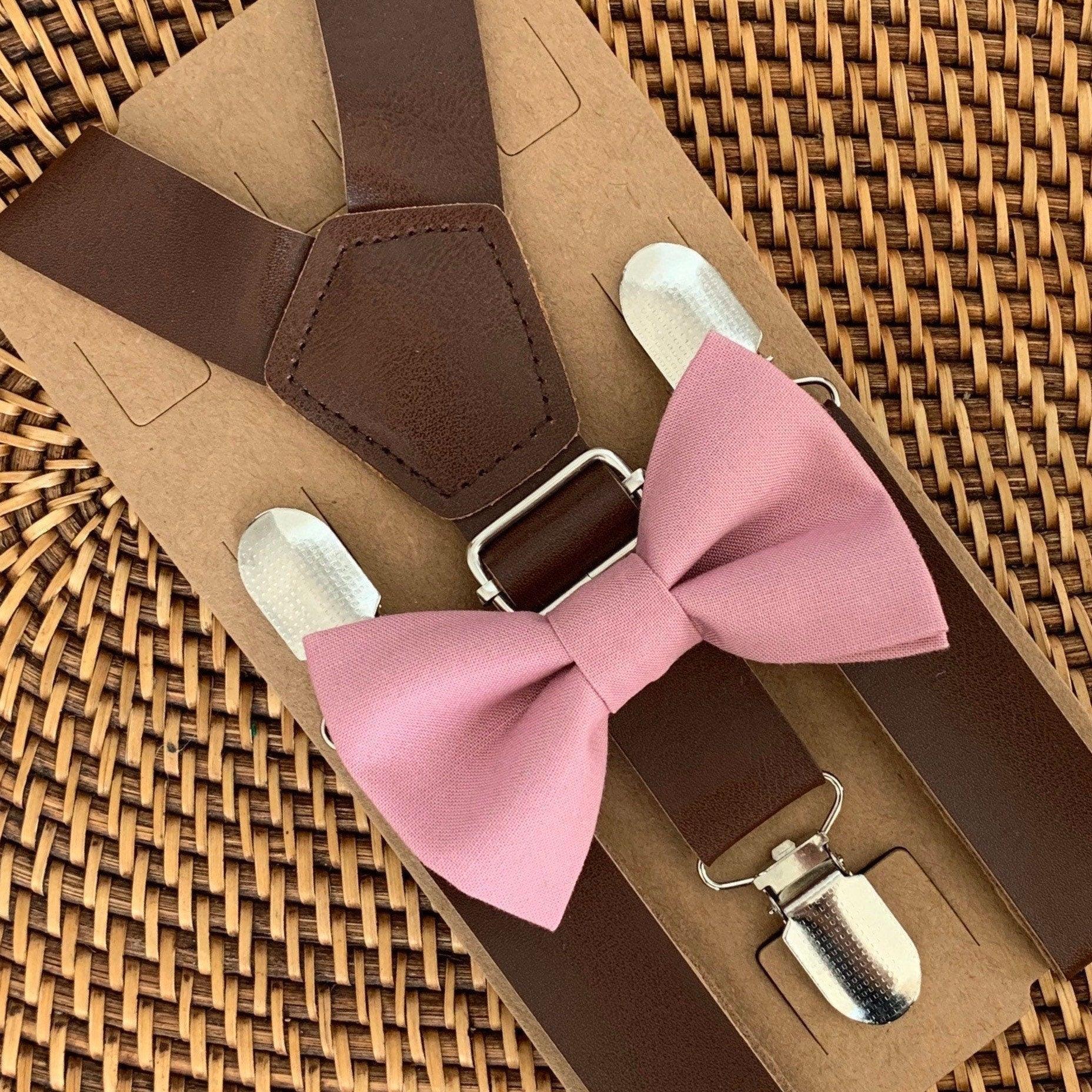 Pink bow tie and brown suspenders for men, toddlers and kids handmade in the USA and pre-tied, for wedding, groomsmen and ring bearer.