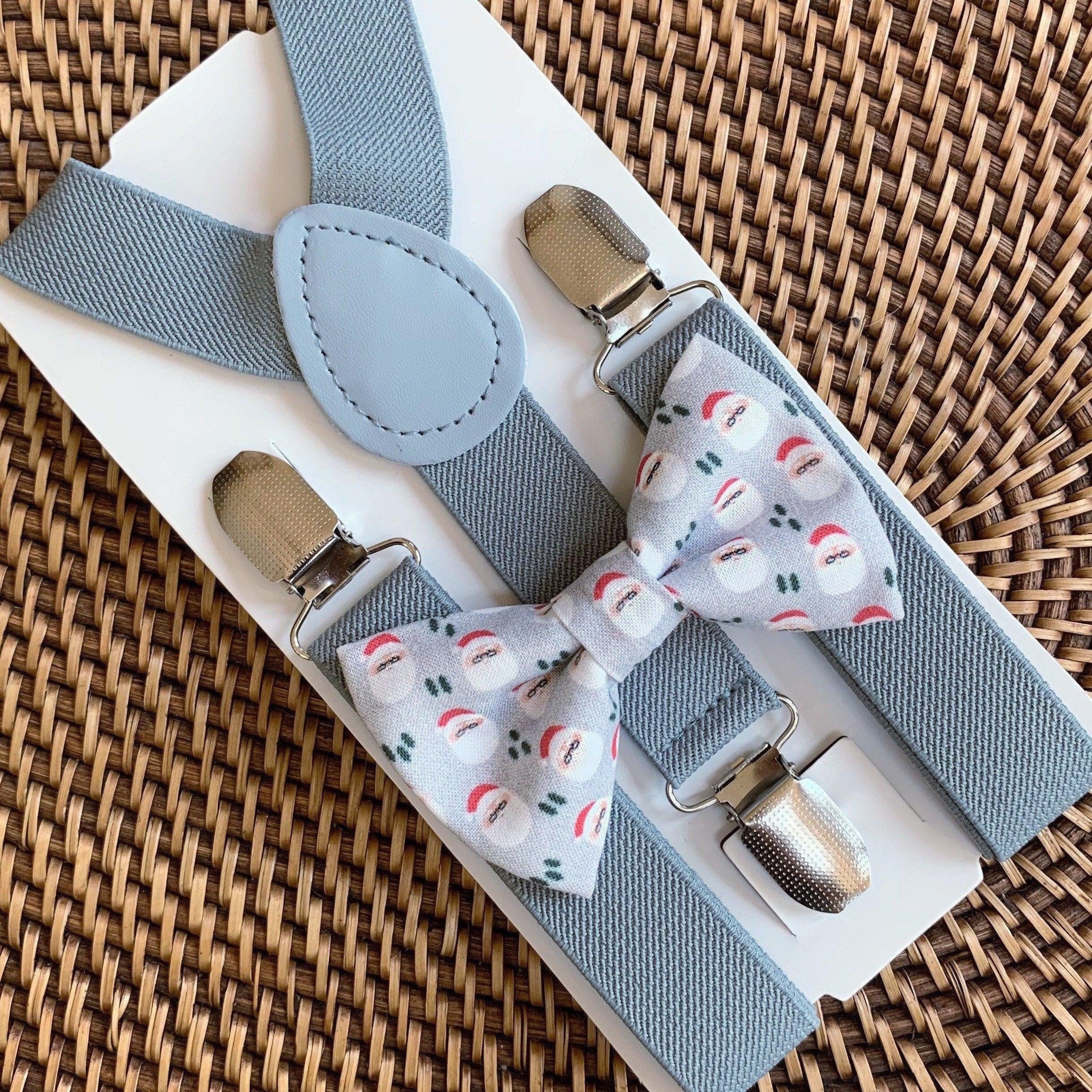 Christmas Santa Bow Tie & Light Gray Suspenders Set