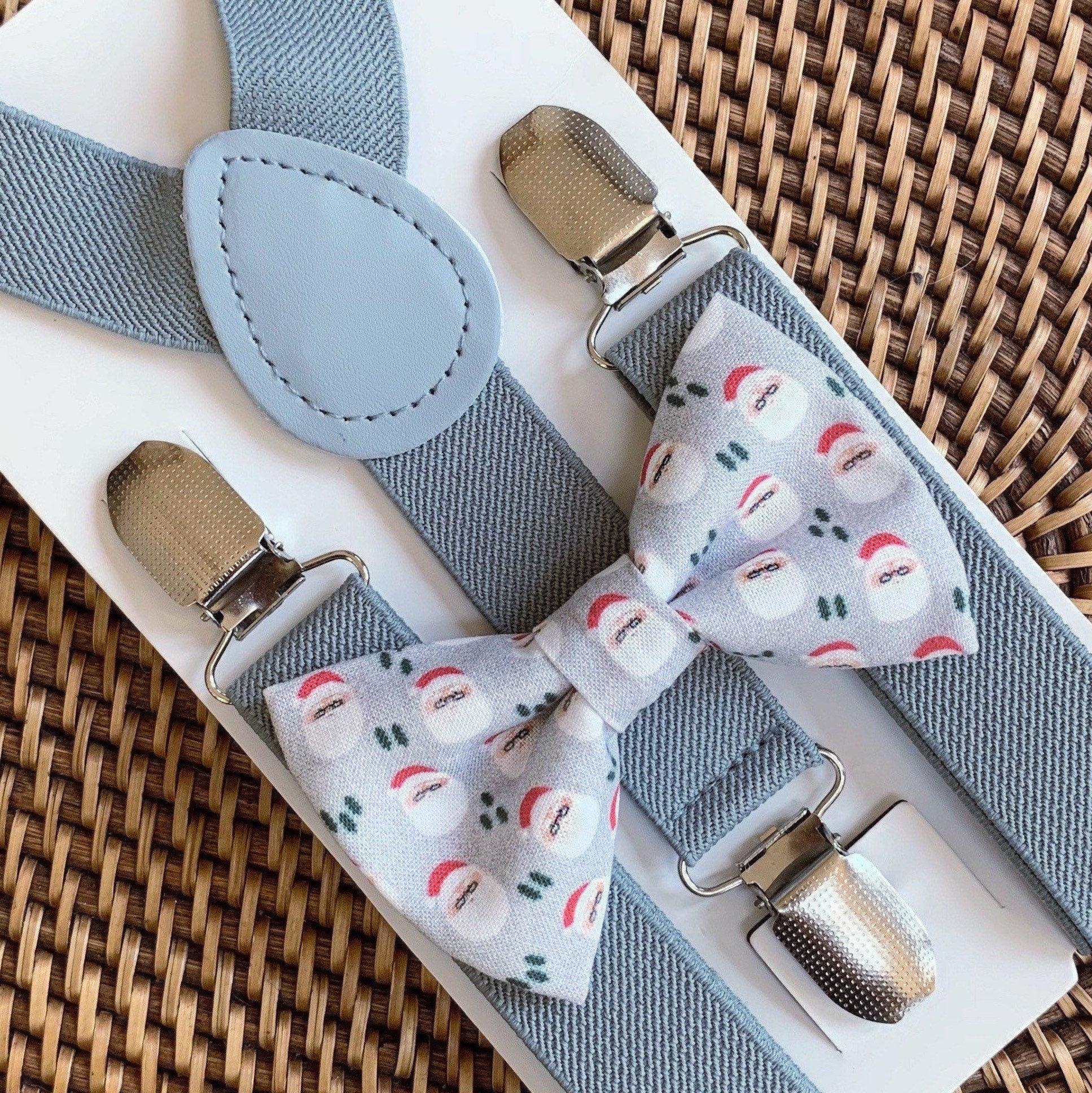 Christmas Santa Bow Tie & Light Gray Suspenders Set