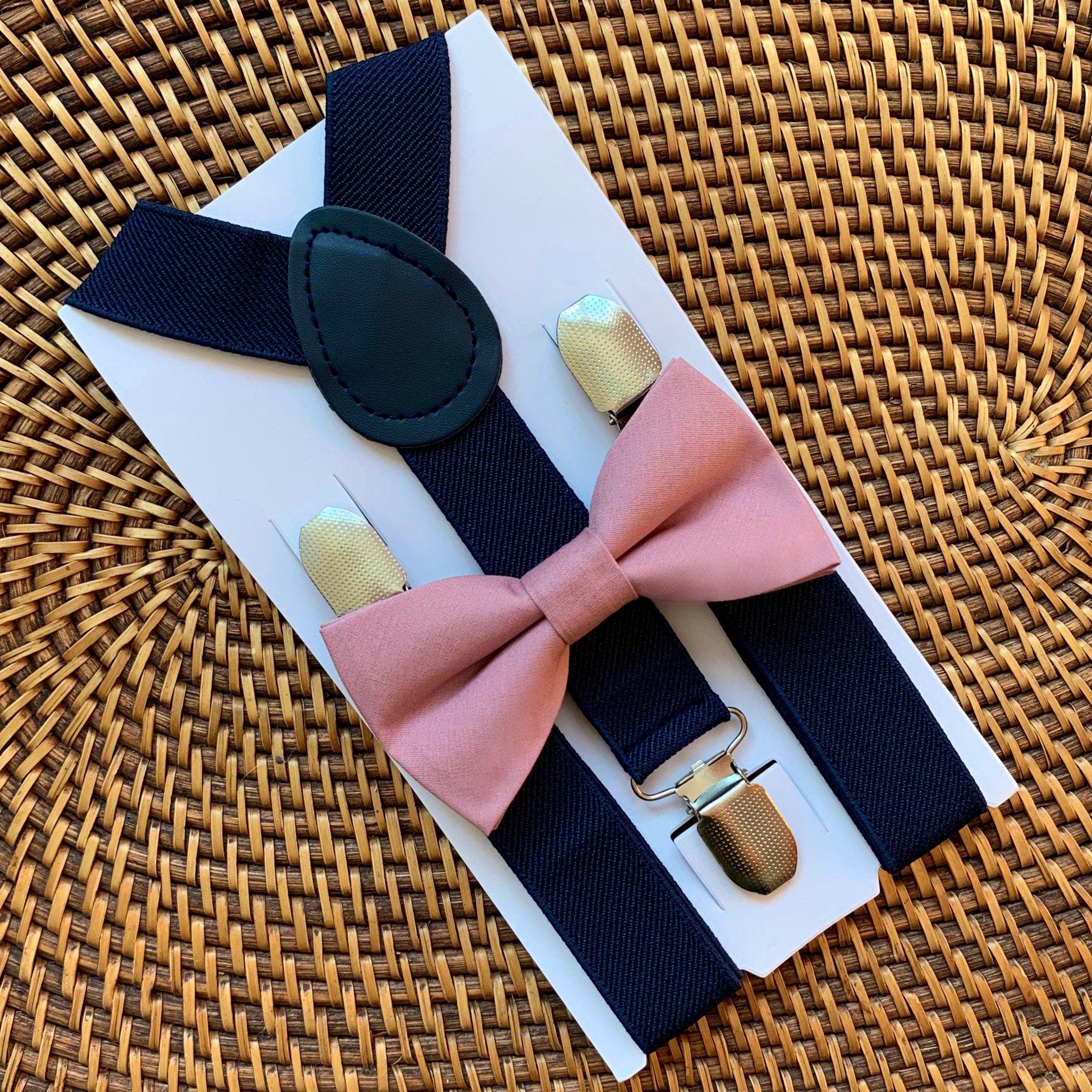 Dusty rose bow tie and navy suspenders for men, toddlers and kids handmade in the USA and pre-tied, for wedding, groomsmen and ring bearer.