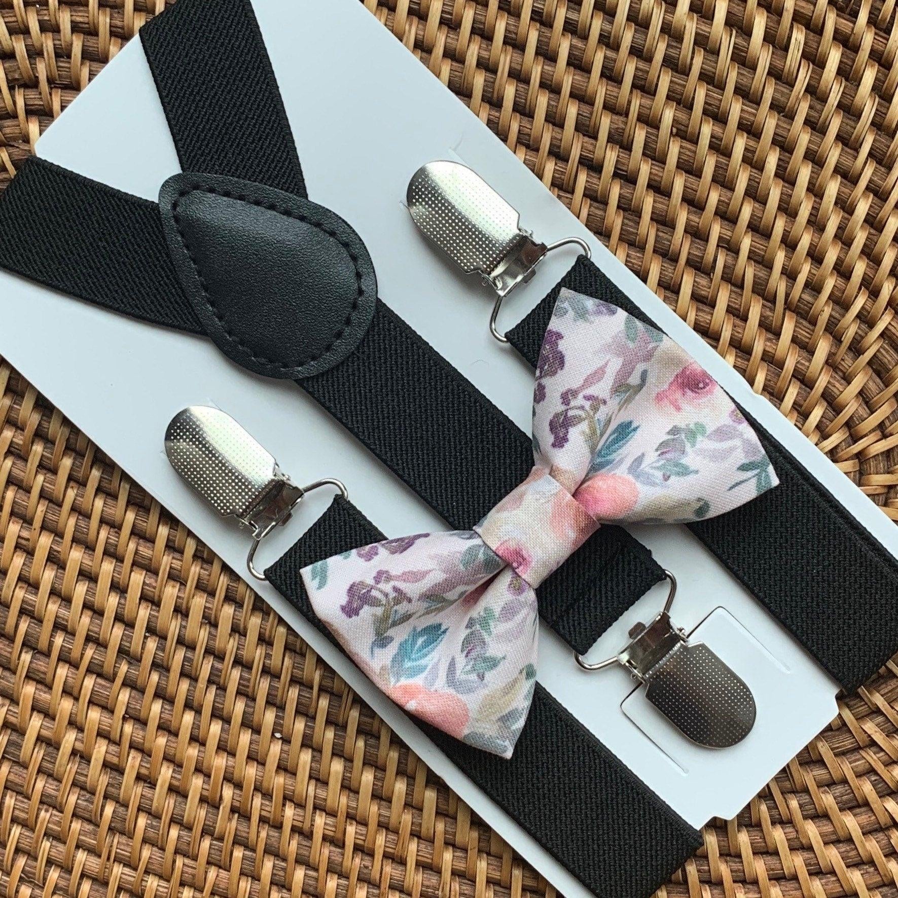 Pink floral bow tie and black suspenders for men, toddlers and kids handmade in the USA and pre-tied, for wedding, groomsmen and ring bearer.