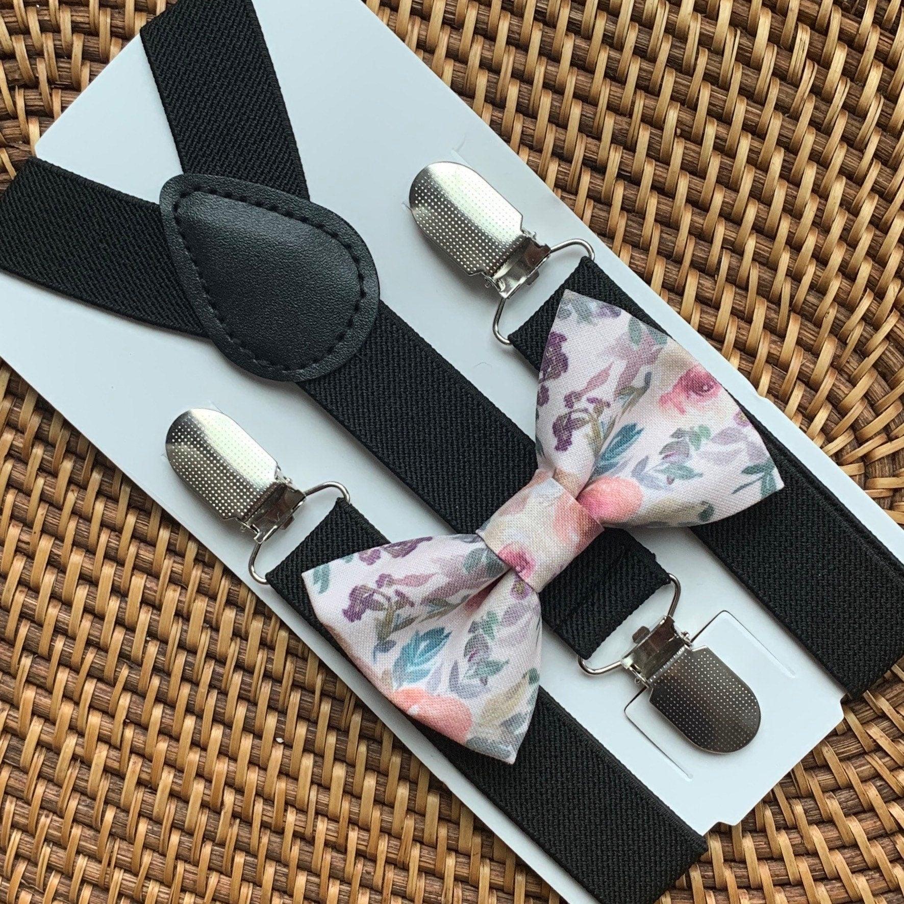 Pink floral bow tie and black suspenders for men, toddlers and kids handmade in the USA and pre-tied, for wedding, groomsmen and ring bearer.
