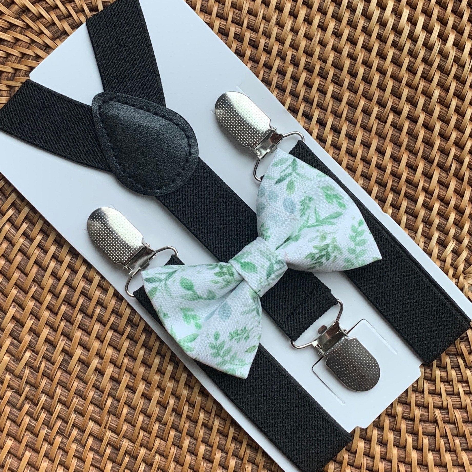 Sage green floral bow tie and black suspenders for men, toddlers and kids handmade in the USA and pre-tied, for wedding, groomsmen and ring bearer.