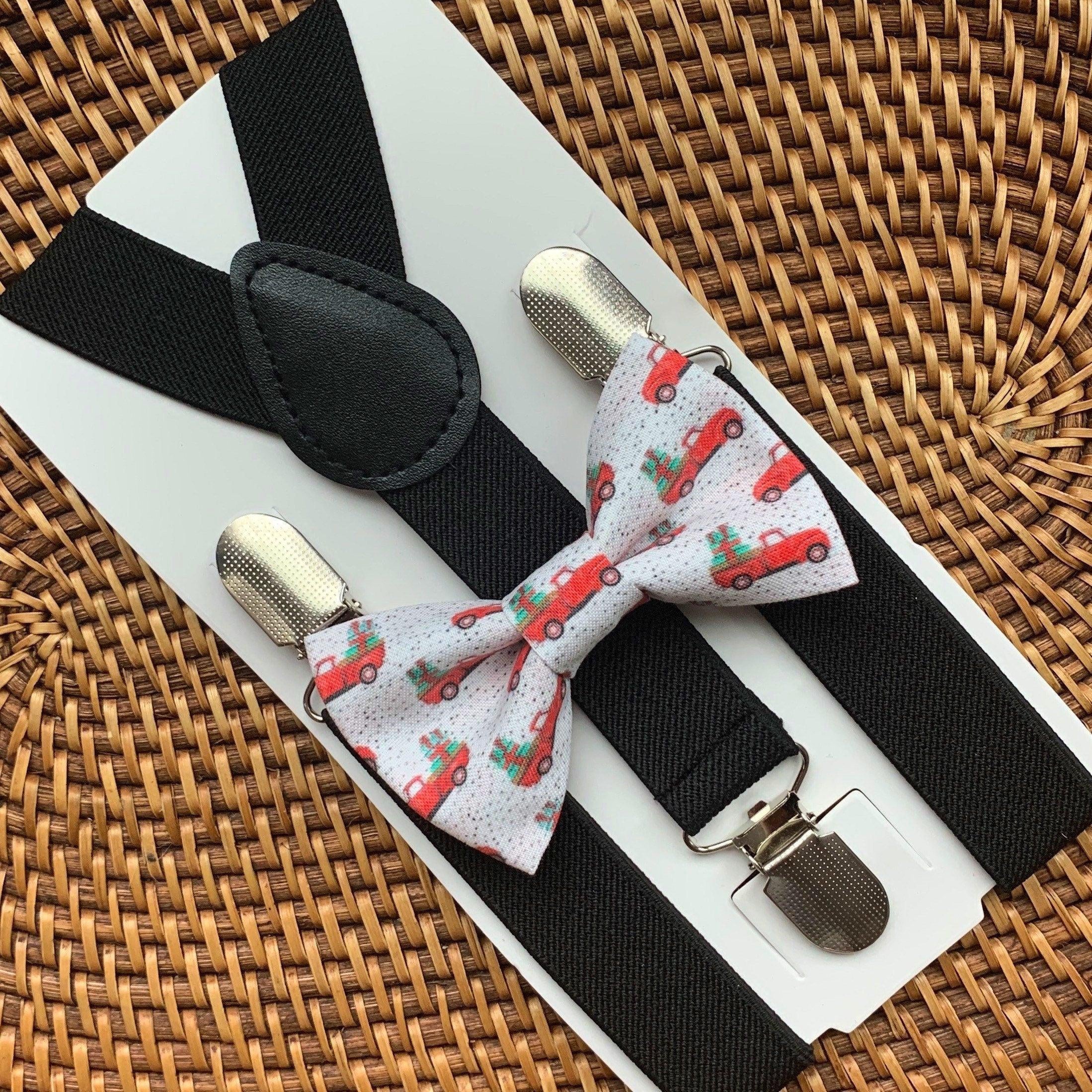 Christmas trucks bow tie in red and white and black suspenders for boys and men for the holidays.