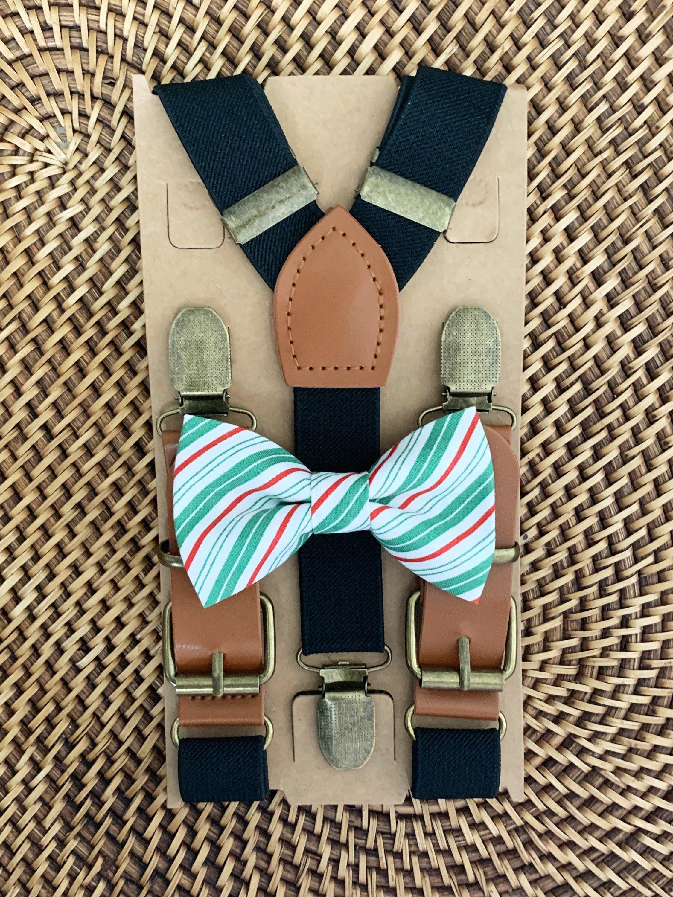Size chart for suspender and bow tie sets from The Bold Bow Tie. X-Small (6mo-4yr): 15"-23" suspenders, 3.5" bow. Small (5-9yr): 18"-33" suspenders, 3.5" bow. Medium (10-12yr): 18"-33" suspenders, 4" bow. Adult (13yr-6'5"): 30"-53" suspenders, 4.5" bow. Big & Tall (Over 6'5"): 53"+ suspenders, 4.5" bow. Instructions note to measure from the back waistband over the shoulder to the front waistband for a comfortable fit.