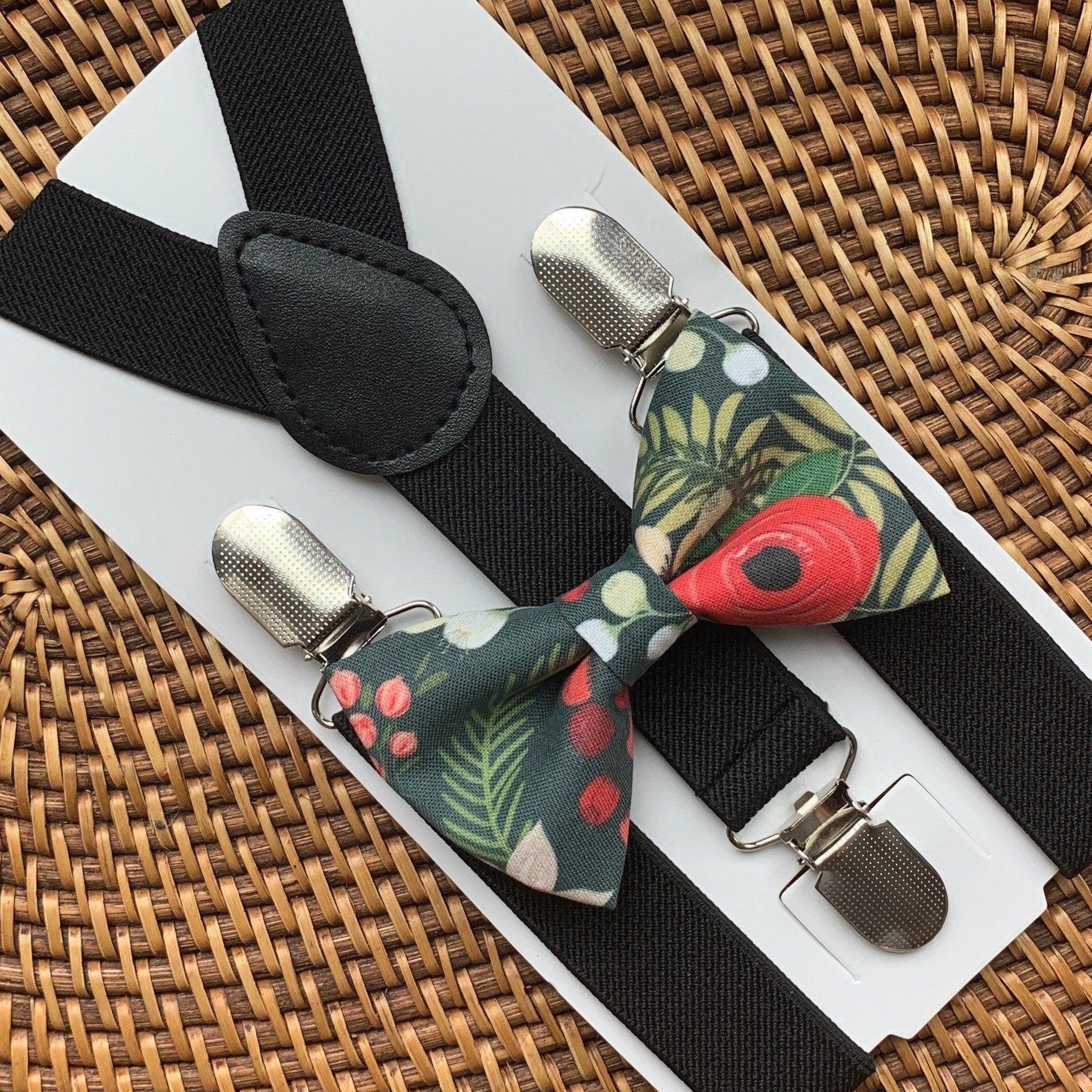 Christmas floral bow tie and black suspenders.
