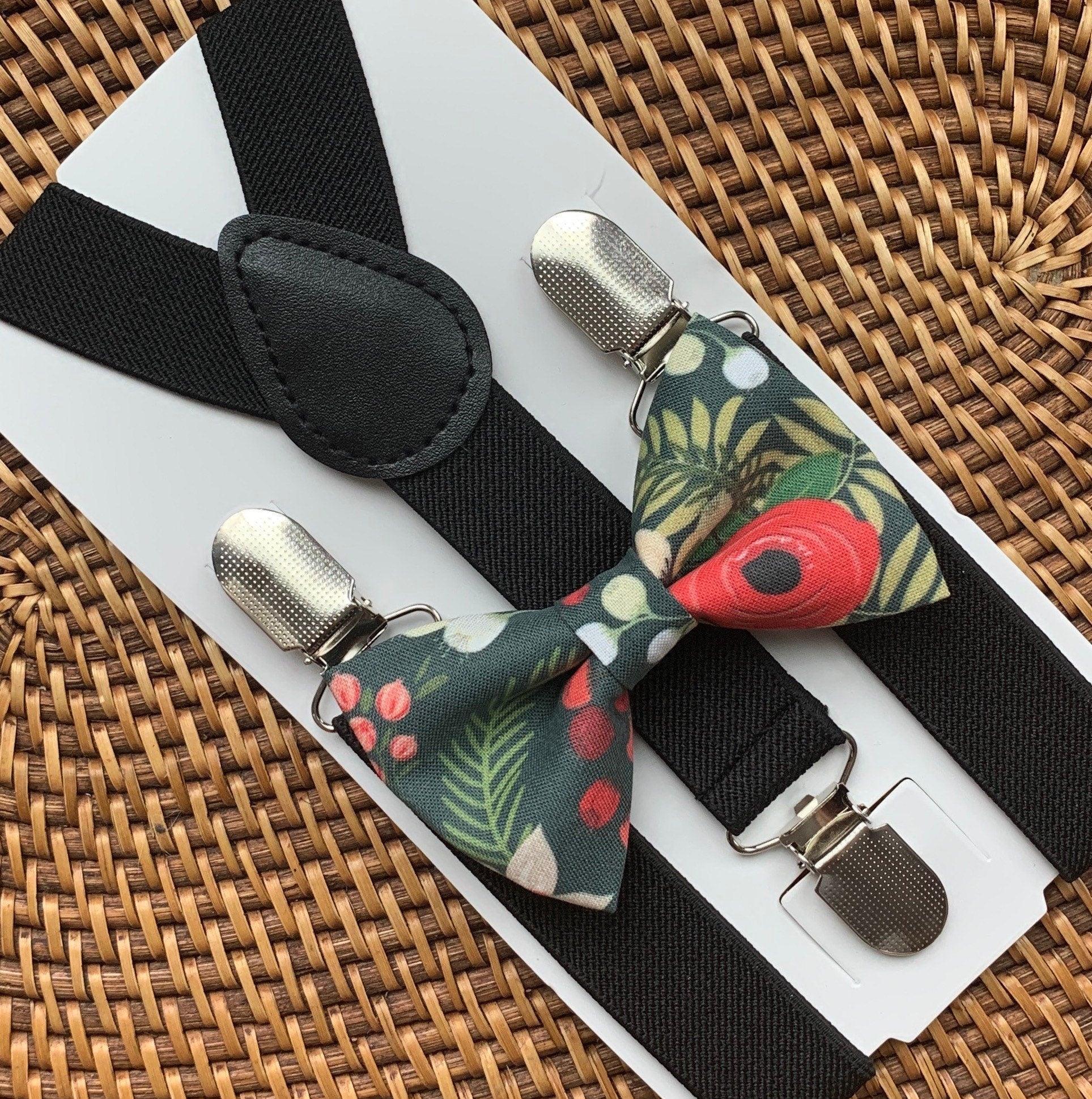 Christmas floral bow tie and black suspenders.
