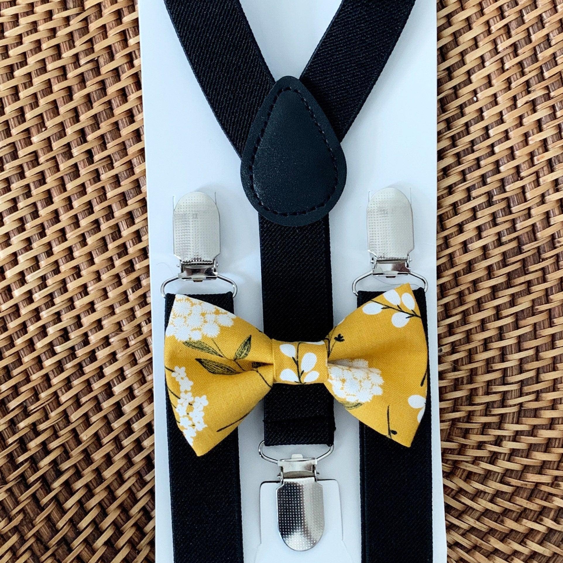 Yellow bow tie and suspenders with floral pattern for men boys and toddlers.