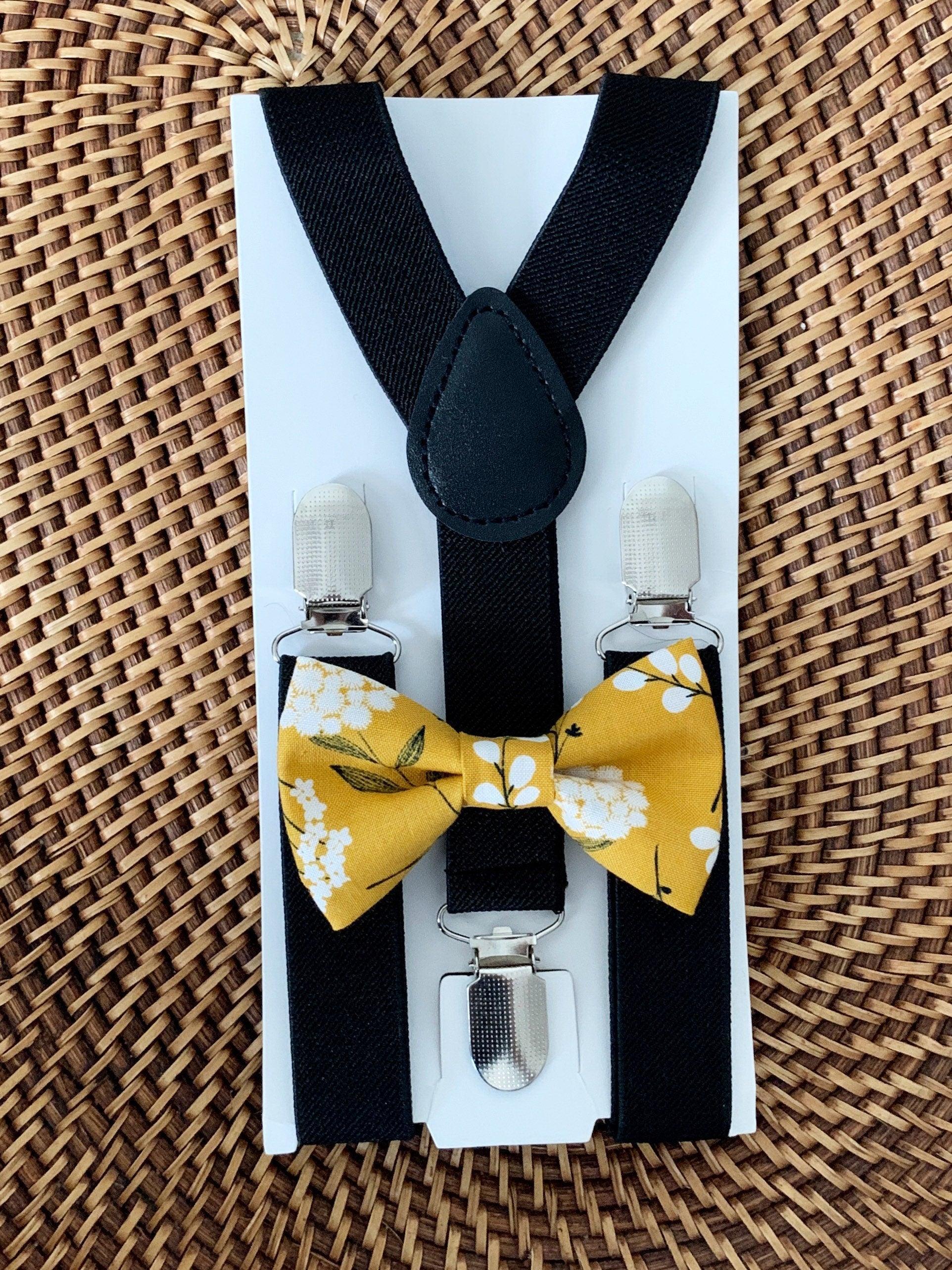 Yellow bow tie and suspenders with floral pattern for men boys and toddlers.