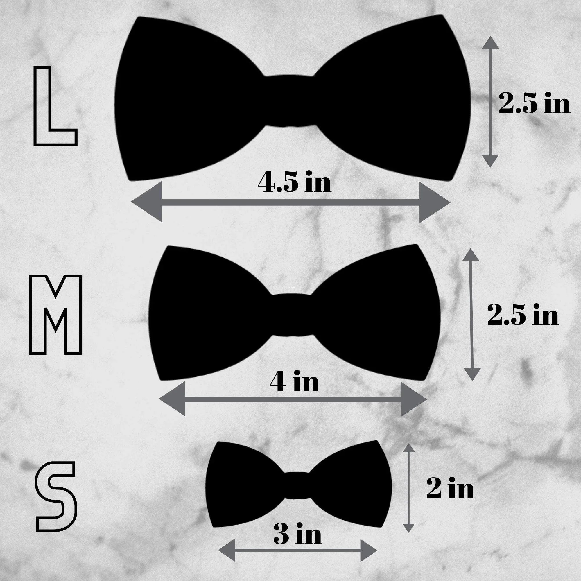 Black bow tie with measurement arrows overlaid on a gray textured background