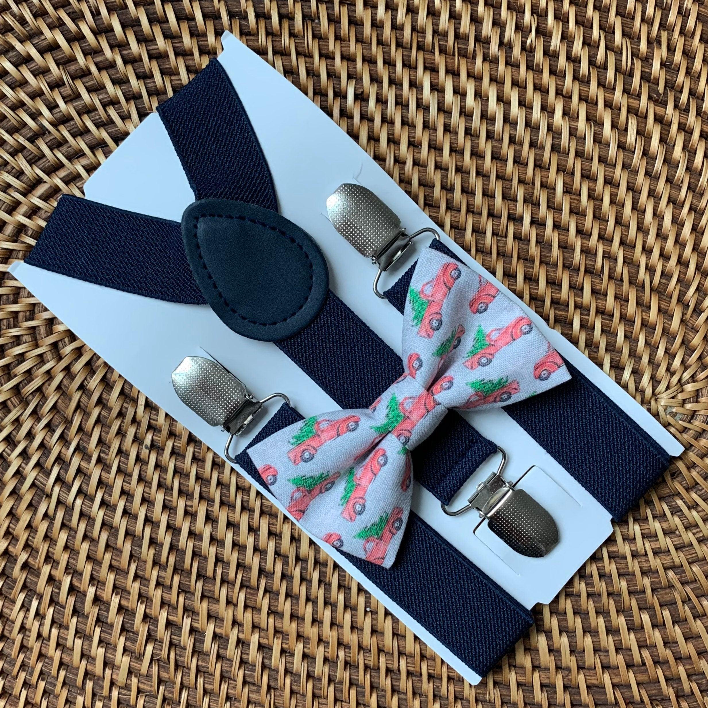 Size chart for suspender and bow tie sets from The Bold Bow Tie. Small (6mo-6yr): 18"-29" suspenders, 3.5" bow. Medium (7-12yr): 25.5"-40" suspenders, 4" bow. Adult (13yr-6ft tall): 25.5"-40" suspenders, 4.5" bow. Big & Tall (Over 6ft tall): 31"-53" suspenders, 4.5" bow. Instructions note to measure from the back waistband over the shoulder to the front waistband for a comfortable fit.