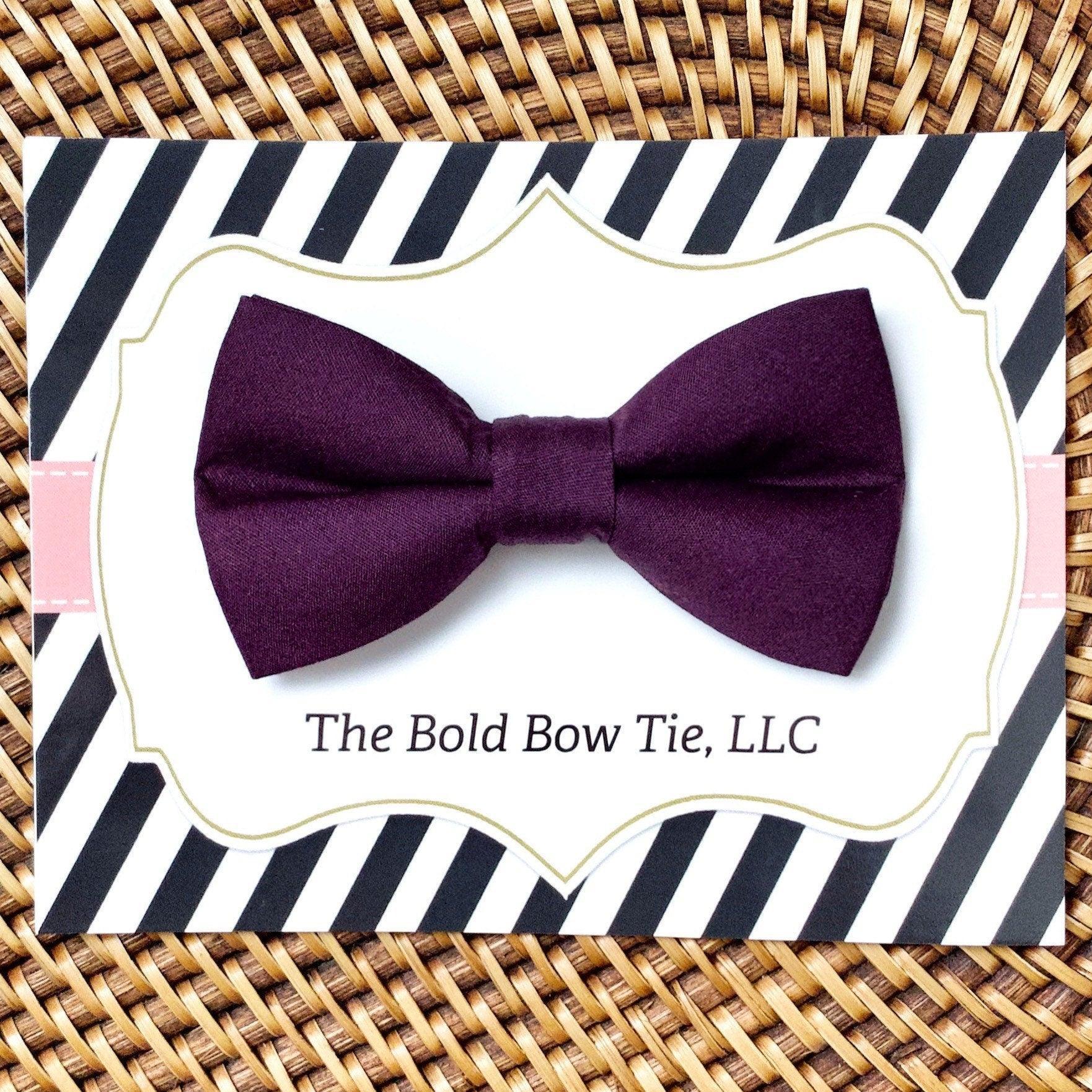 Purple plum dog bow tie displayed on decorative striped packaging.