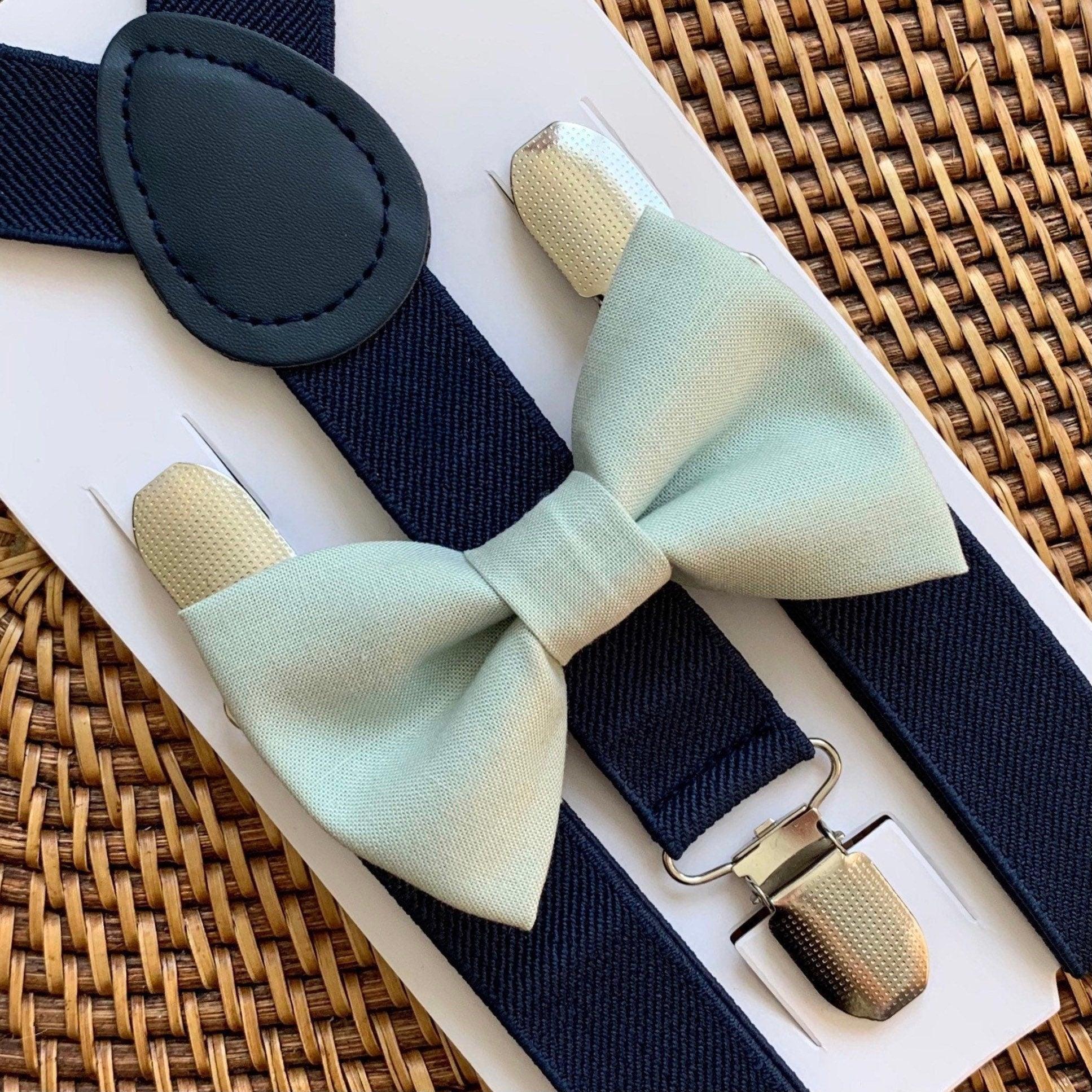 Sage bow tie and navy suspenders for men, toddlers and kids handmade in the USA and pre-tied, for wedding, groomsmen and ring bearer.
