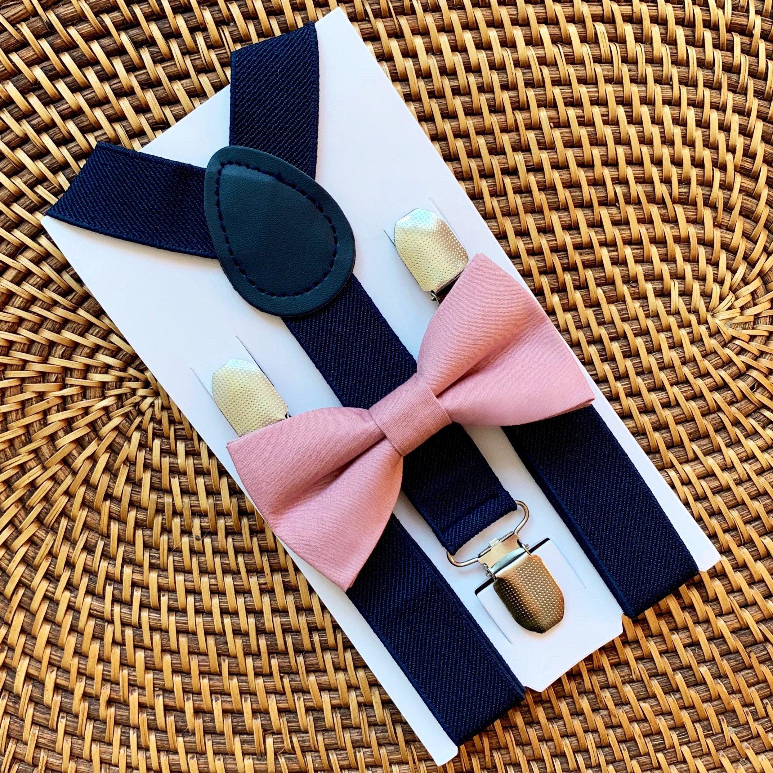 Dusty rose bow tie and navy suspenders for men, toddlers and kids handmade in the USA and pre-tied, for wedding, groomsmen and ring bearer.