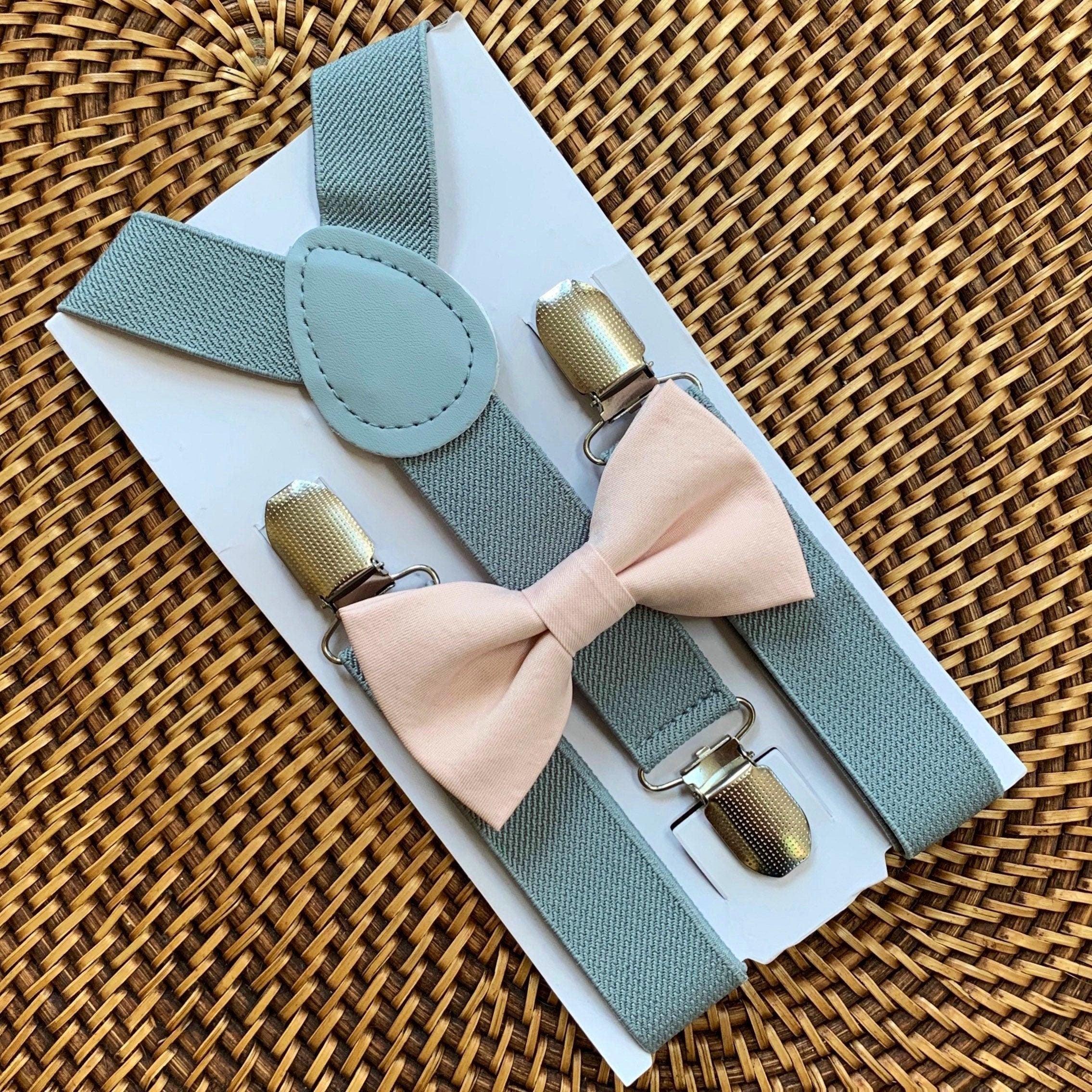 Blush pink bow tie and gray suspenders for men, toddlers and kids handmade in the USA and pre-tied, for wedding, groomsmen and ring bearer.